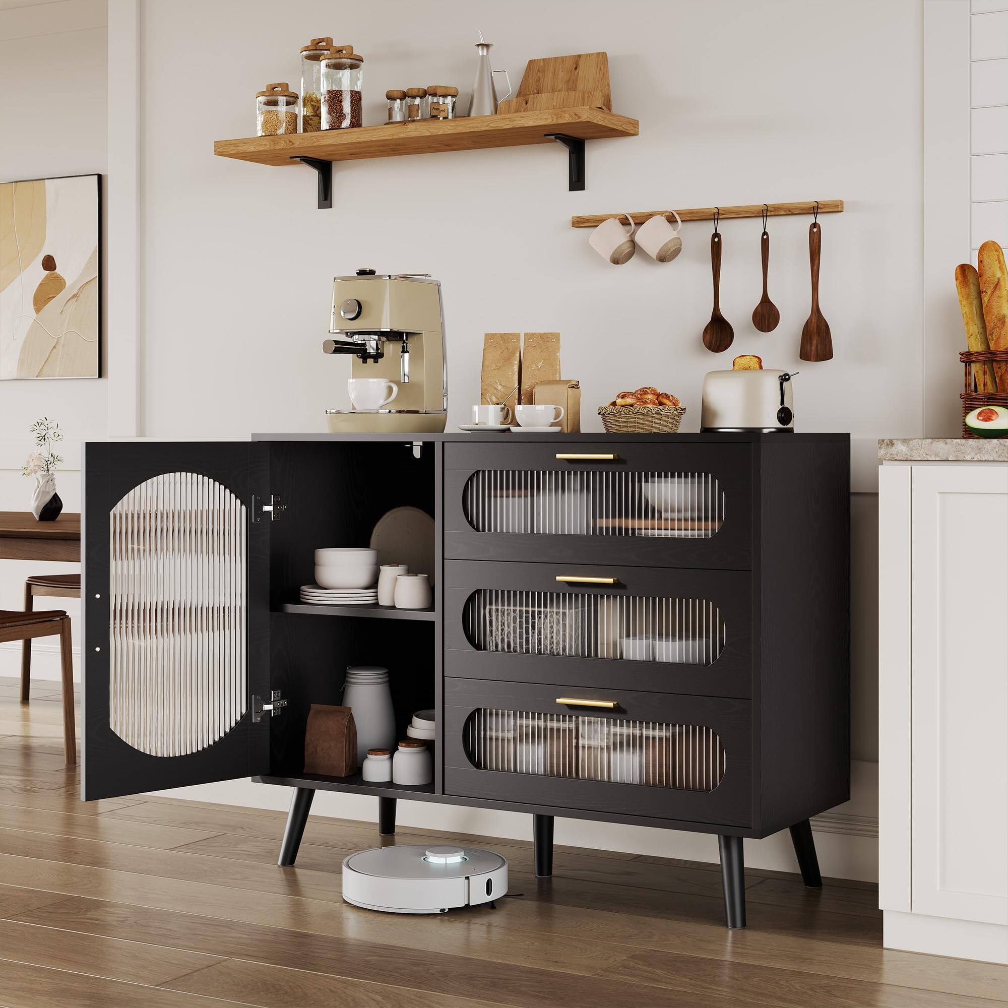 Front. Acekool - Sideboard Buffet Cabinet with Storage,Buffet Cabinet with Fluted Glass Door and Drawer,Sideboard for Kitchen,Dining Room - Black.