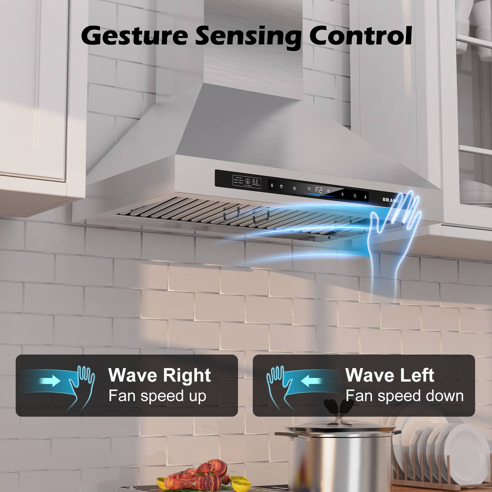 Back. Brano - 30 inch Wall Mount Range Hood 900 CFM Kitchen Hood in Stainless Steel with Voice Control, Ducted/Ductless Convertible - Sliver.