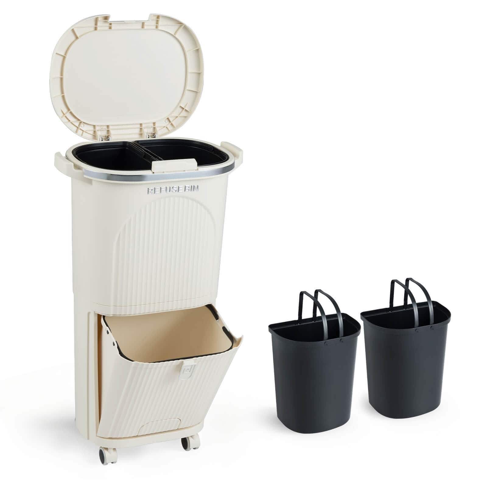 Costway - 10 Gallon Kitchen Trash Can with Lid, 2 Removable Buckets, Step Pedal & Wheels - Beige