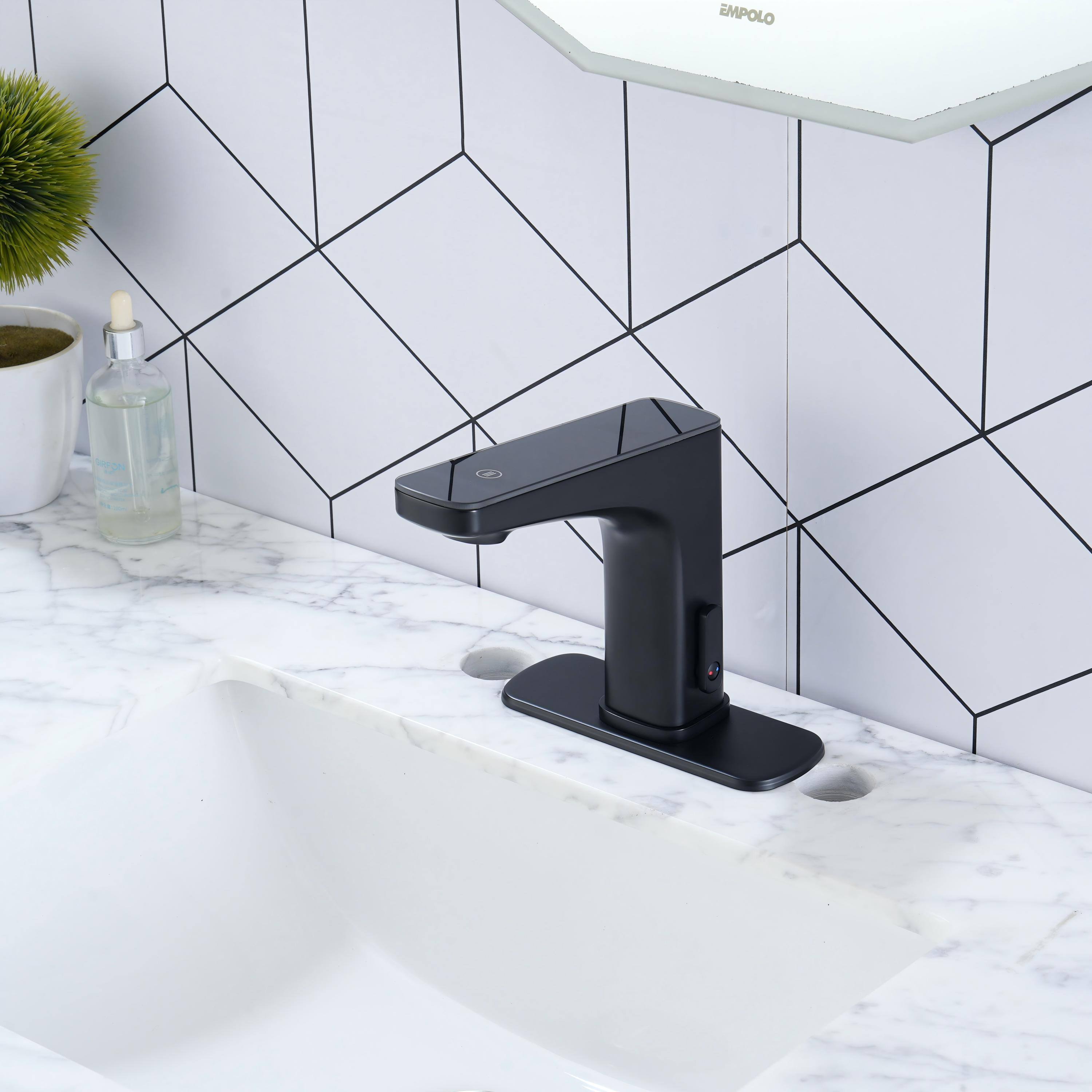 Left. Mondawe - Dual-Sensor Touchless Bathroom Sink Faucet with Temperature Display - Matte Black.