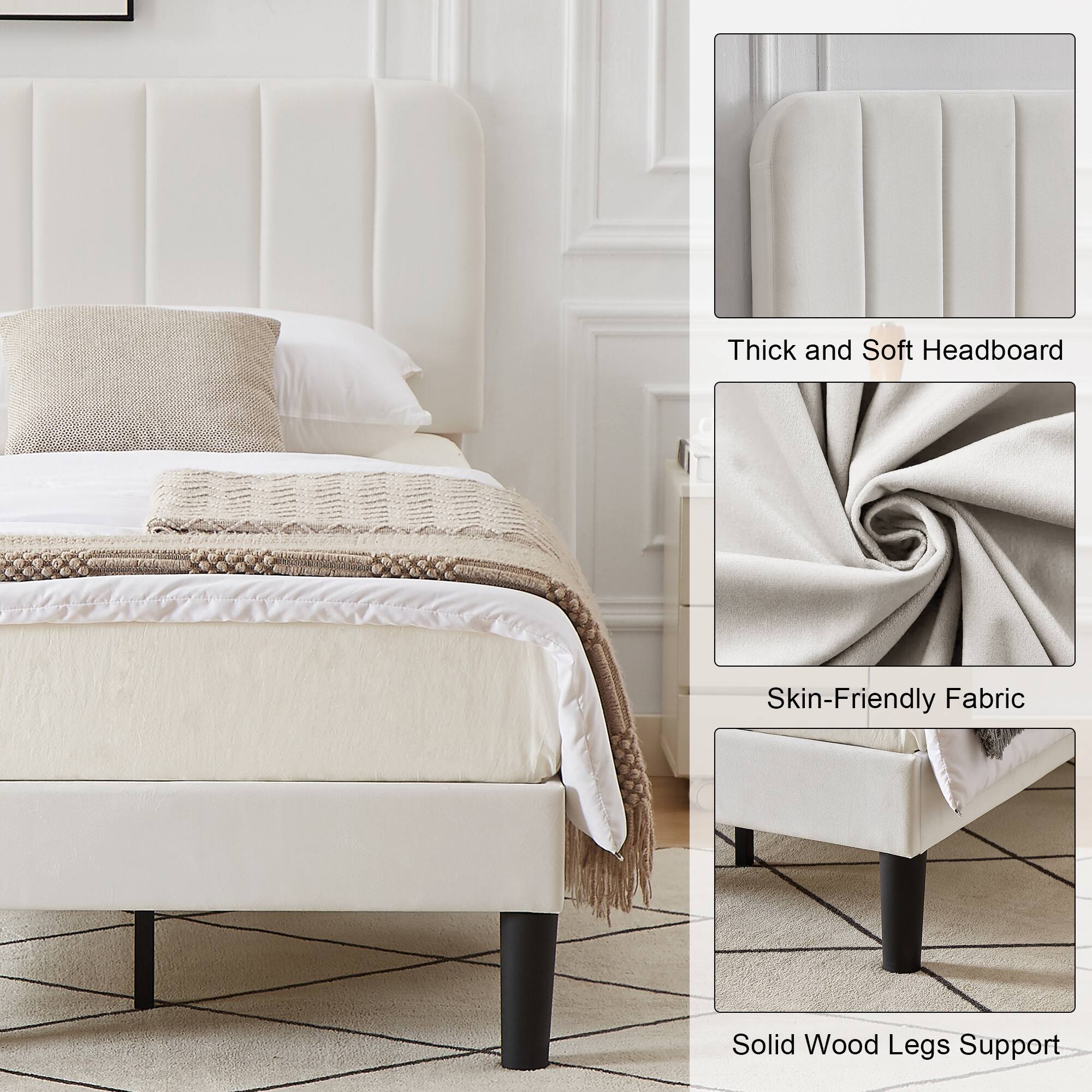 Thick and Soft Headboard, Skin-Friendly Fabric, Solid Wood Legs Support
