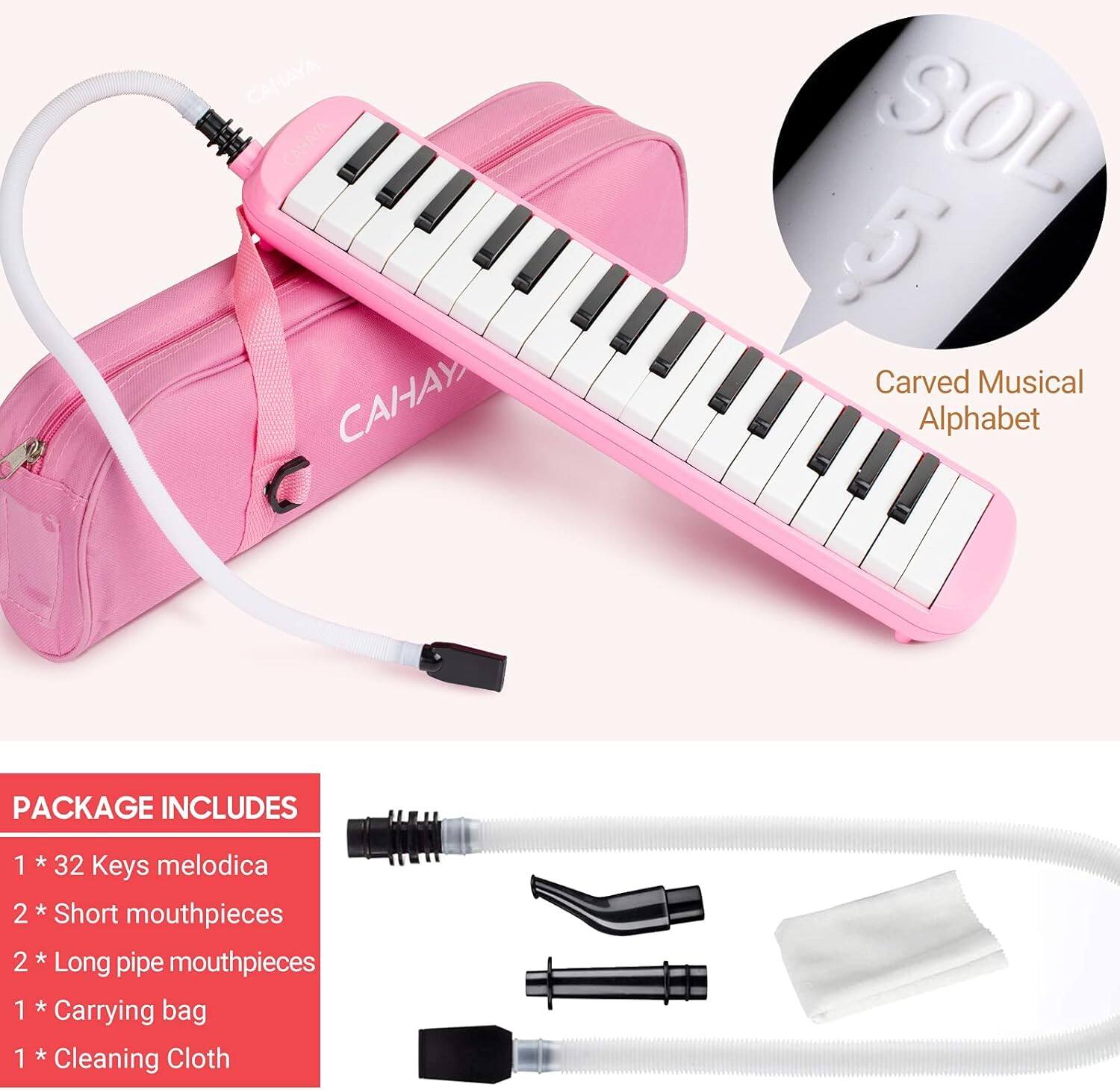 CAHAYA CAAYA CA SOL 5 Carved Musical Alphabet

PACKAGE INCLUDES
1 * 32 Keys melodica
2 * Short mouthpieces
2 * Long pipe mouthpieces
1 * Carrying bag
1 * Cleaning Cloth