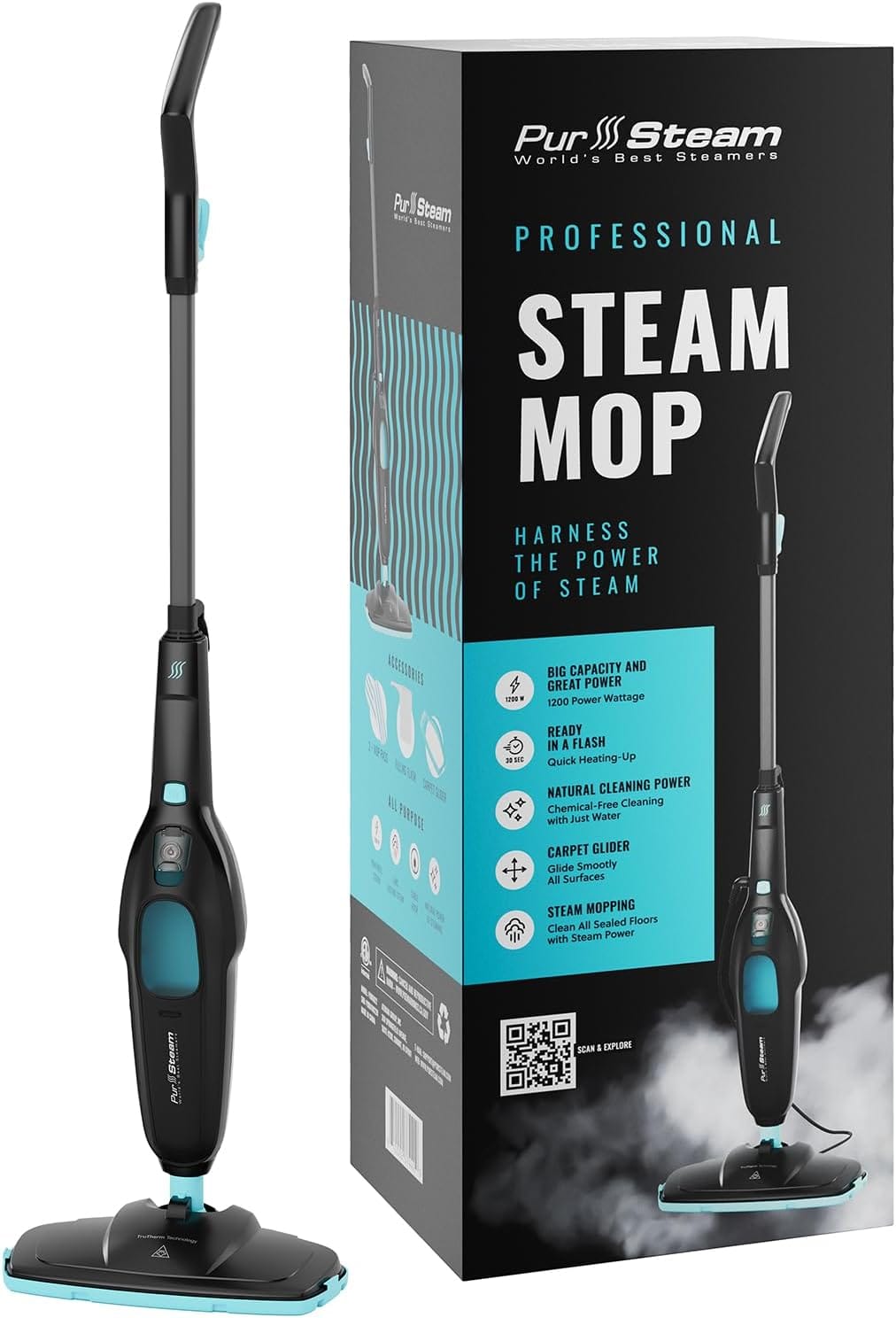 PurSteam - Professional Steam Mop, Multi-Surface Floor Cleaner for Hardwood, Tile, Laminate & Carpet | Fast Heating, Lightweight - Black and Teal