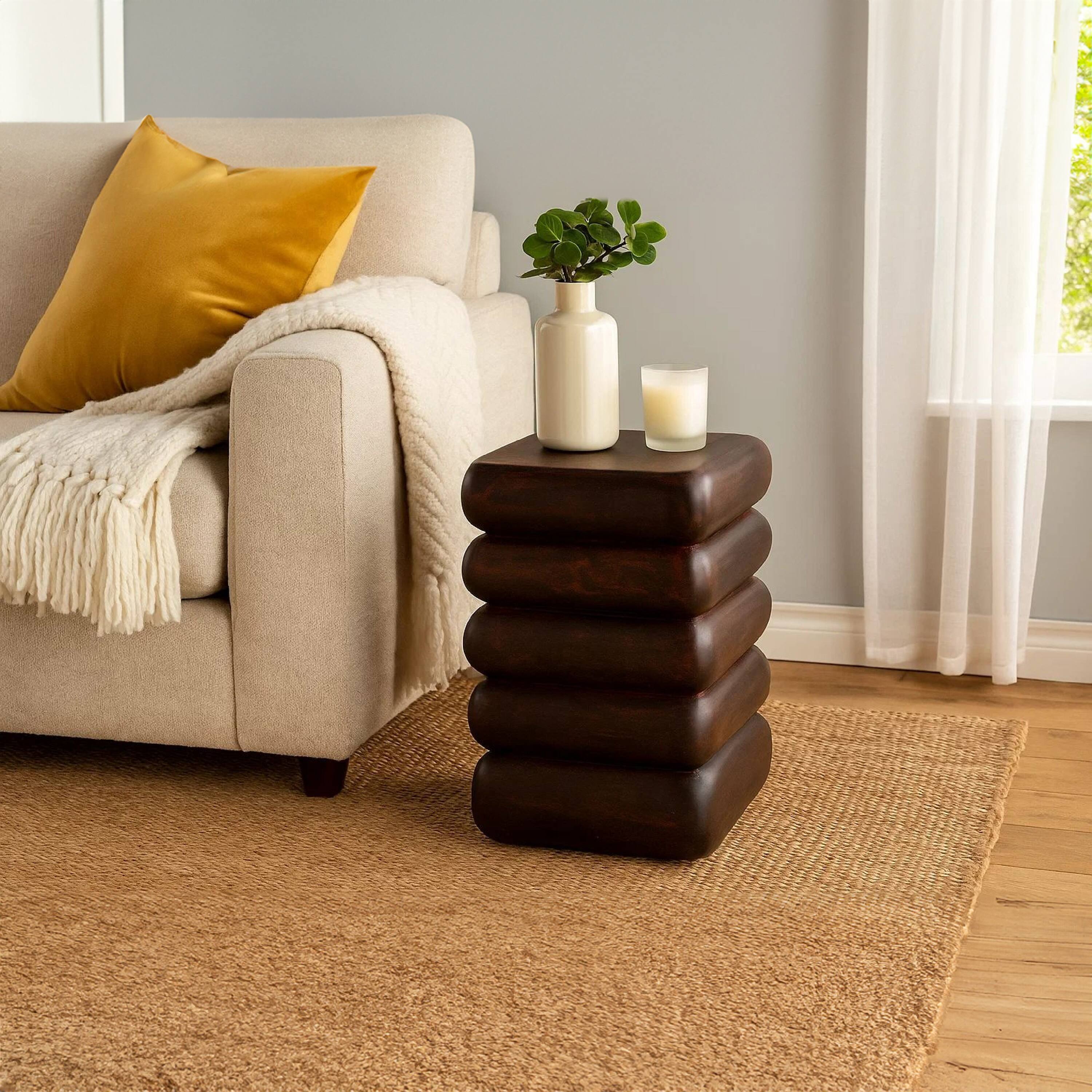 Alt View 4. Manhattan Lane - Zyra 18" Side End Table | Sculptural Stacked Design | Acacia Wood - Dark Cherry Brown.