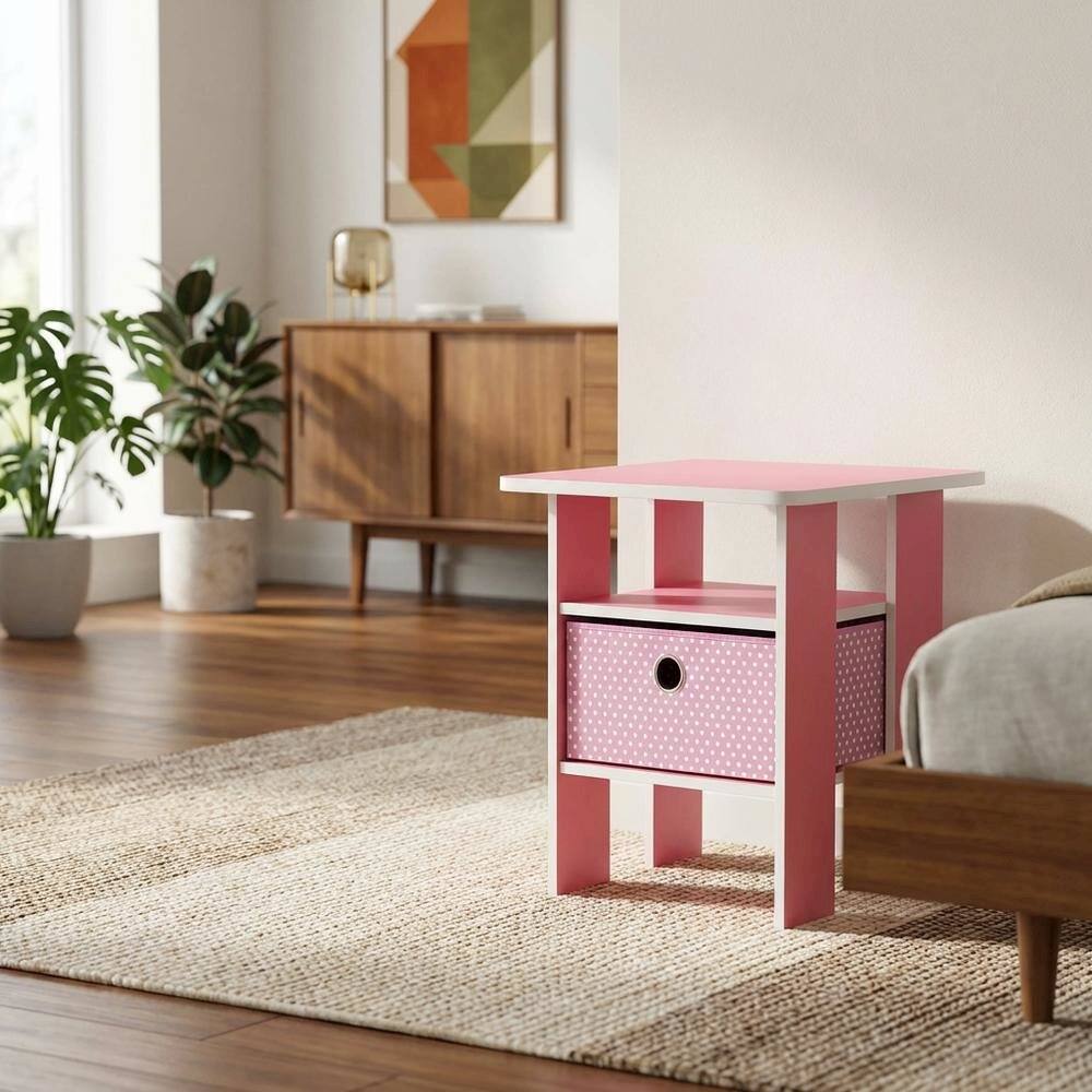 Left. FurniFact - Pink wood end table with drawer for bedside or living room use - Brown.