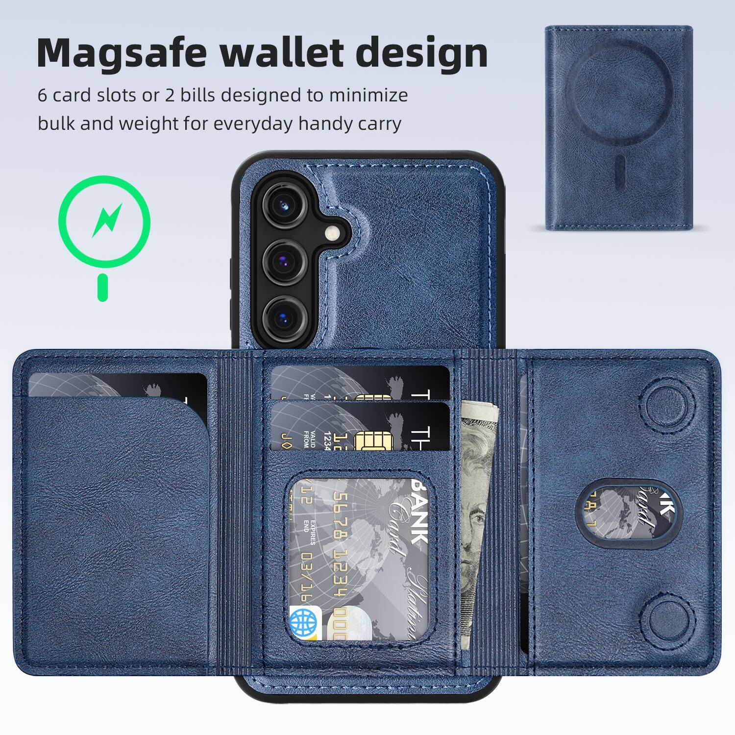 Magsafe wallet design  
6 card slots or 2 bills designed to minimize bulk and weight for everyday handy carry  

N - M T JO FNCM VALID 12 END EXPRES 03/16 1234 1 5678 1234 000 BANK