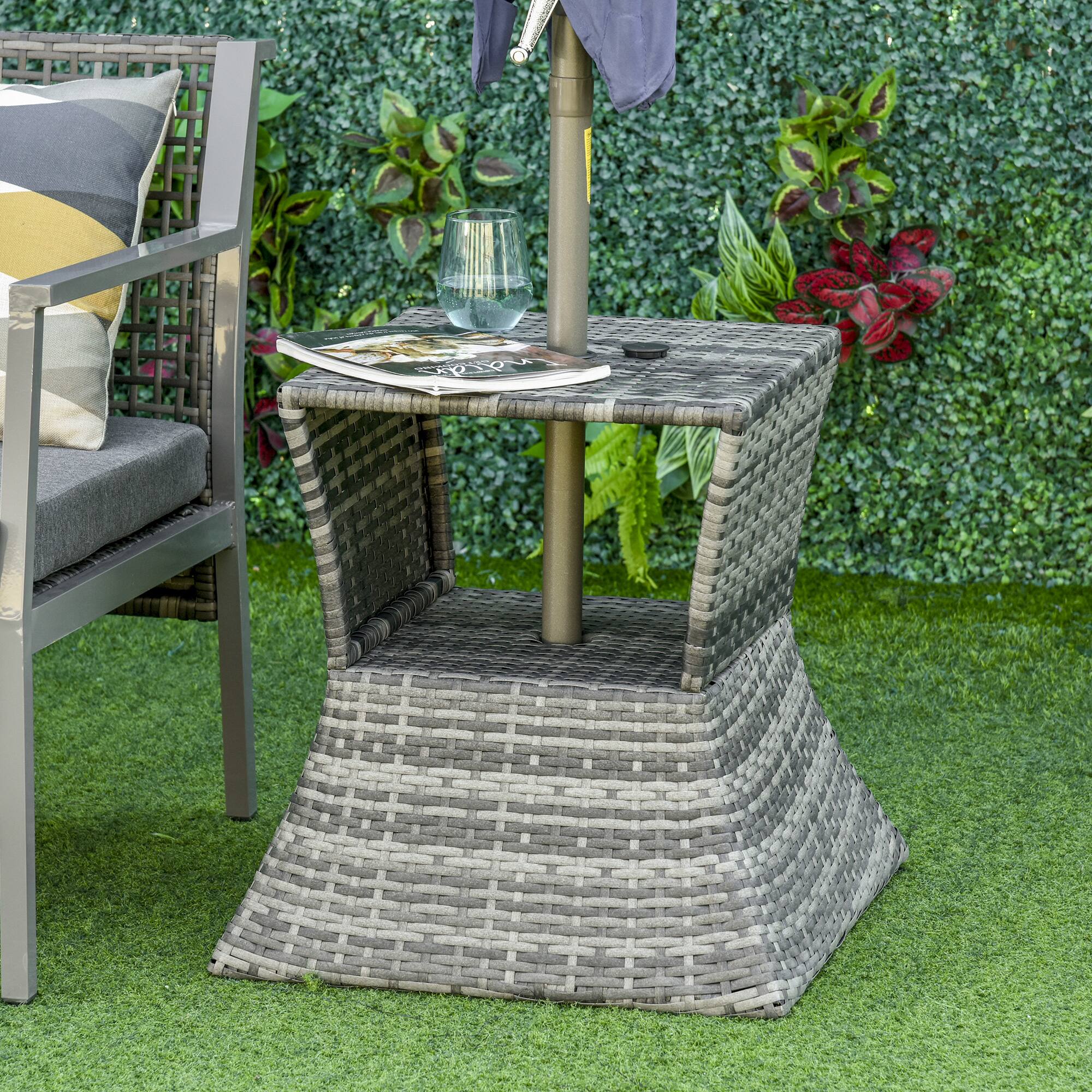 Alt View 1. Outsunny - Outdoor Side Table with Umbrella Hole, 2 Tier Rattan Wicker End Table with Storage Shelf, All Weather for Outdoor - Gray.
