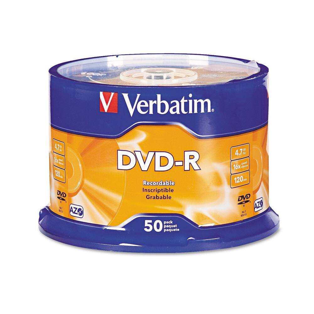 Verbatim
DVD-R
Recordable
Inscriptible
Grabable
4.7 GB
16x Speed
120 min
AZO
50 pack
paquete