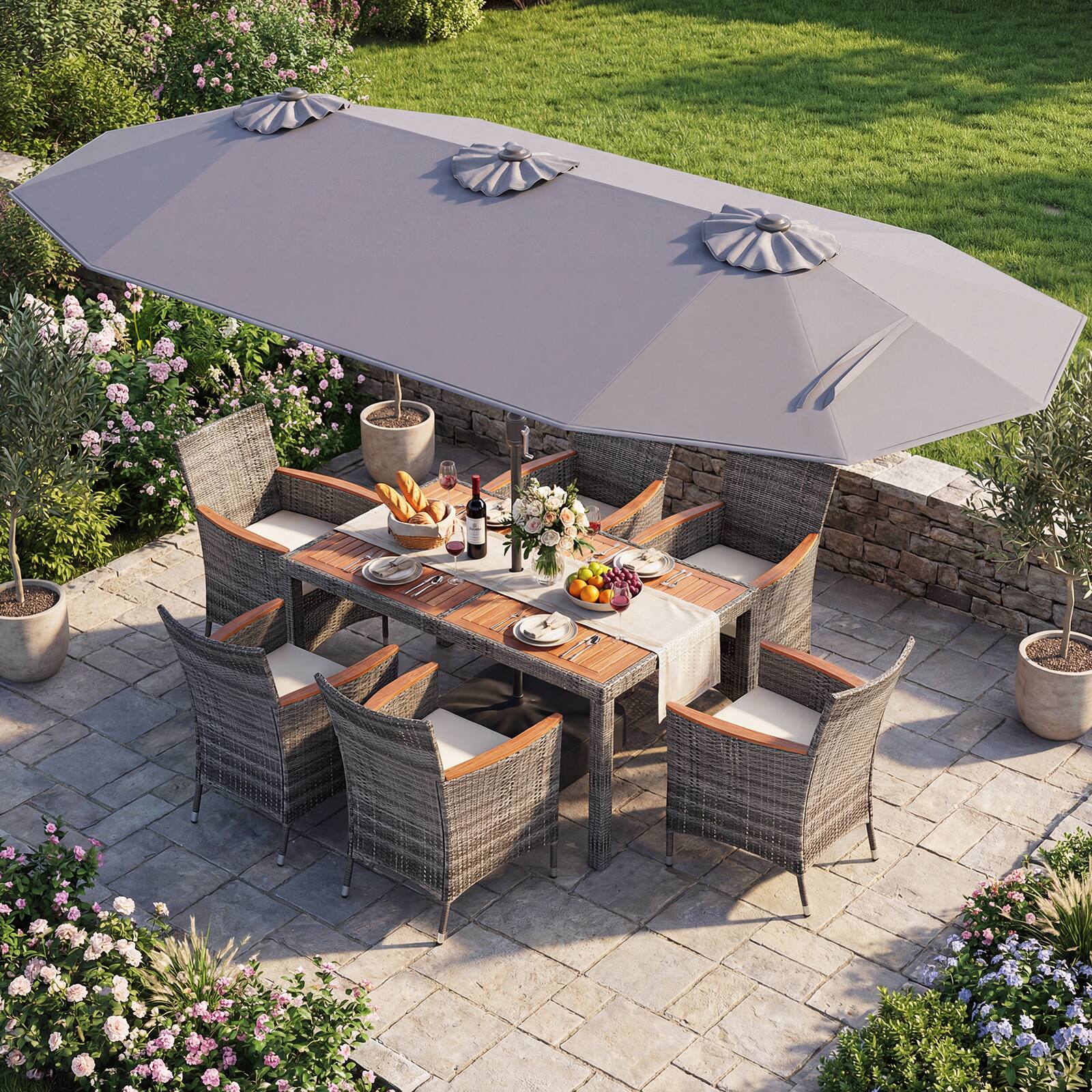 Alt View 1. Gymax - Gymax 8-Piece Patio Dining Set w/ Double-Sided Market Umbrella Acacia Wood Top Gray - Grey.
