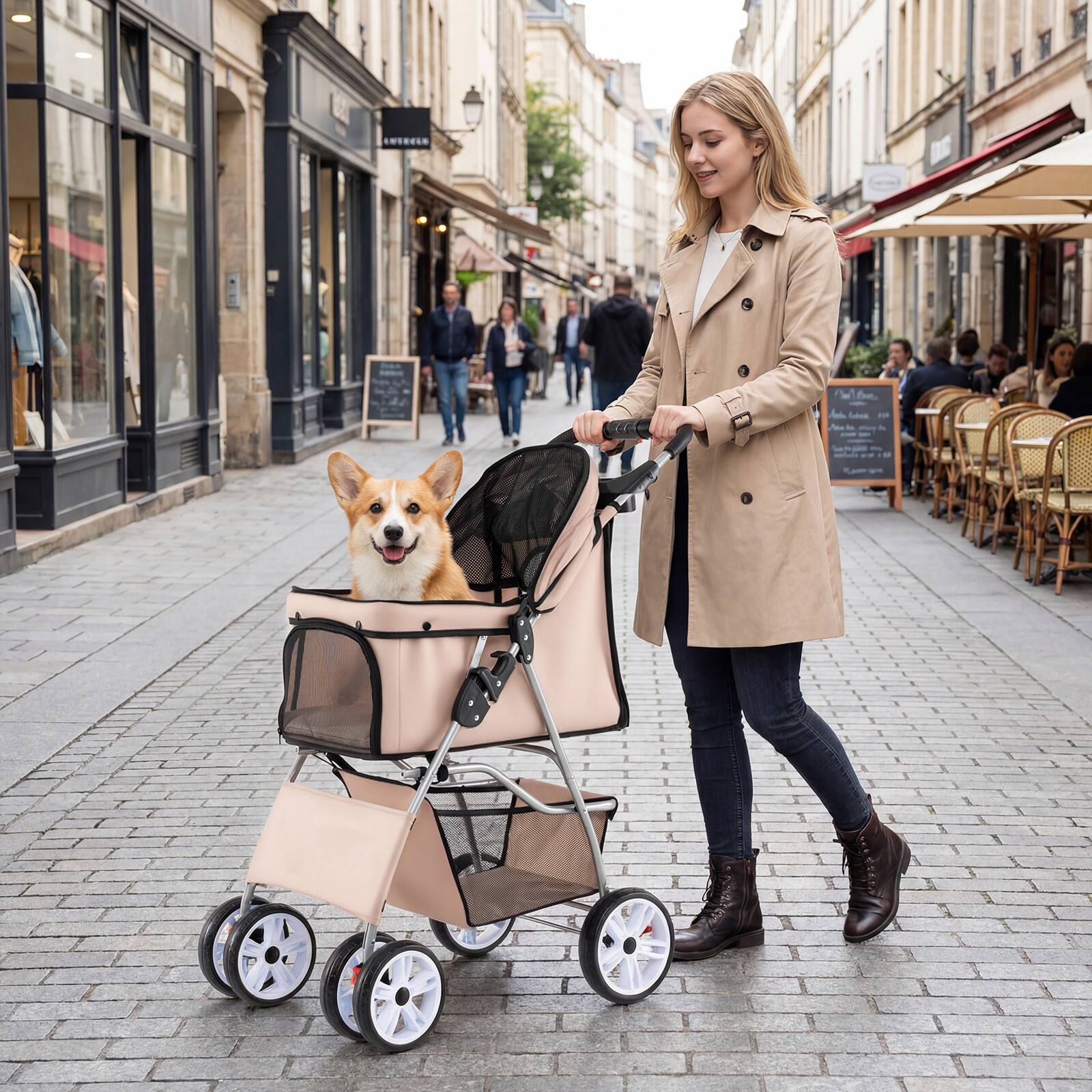 Alt View 3. Gymax - Gymax 4-Wheel Pet Stroller for Dogs Cats up to 33 LBS Foldable w/ Breathable Mesh Beige - Beige.