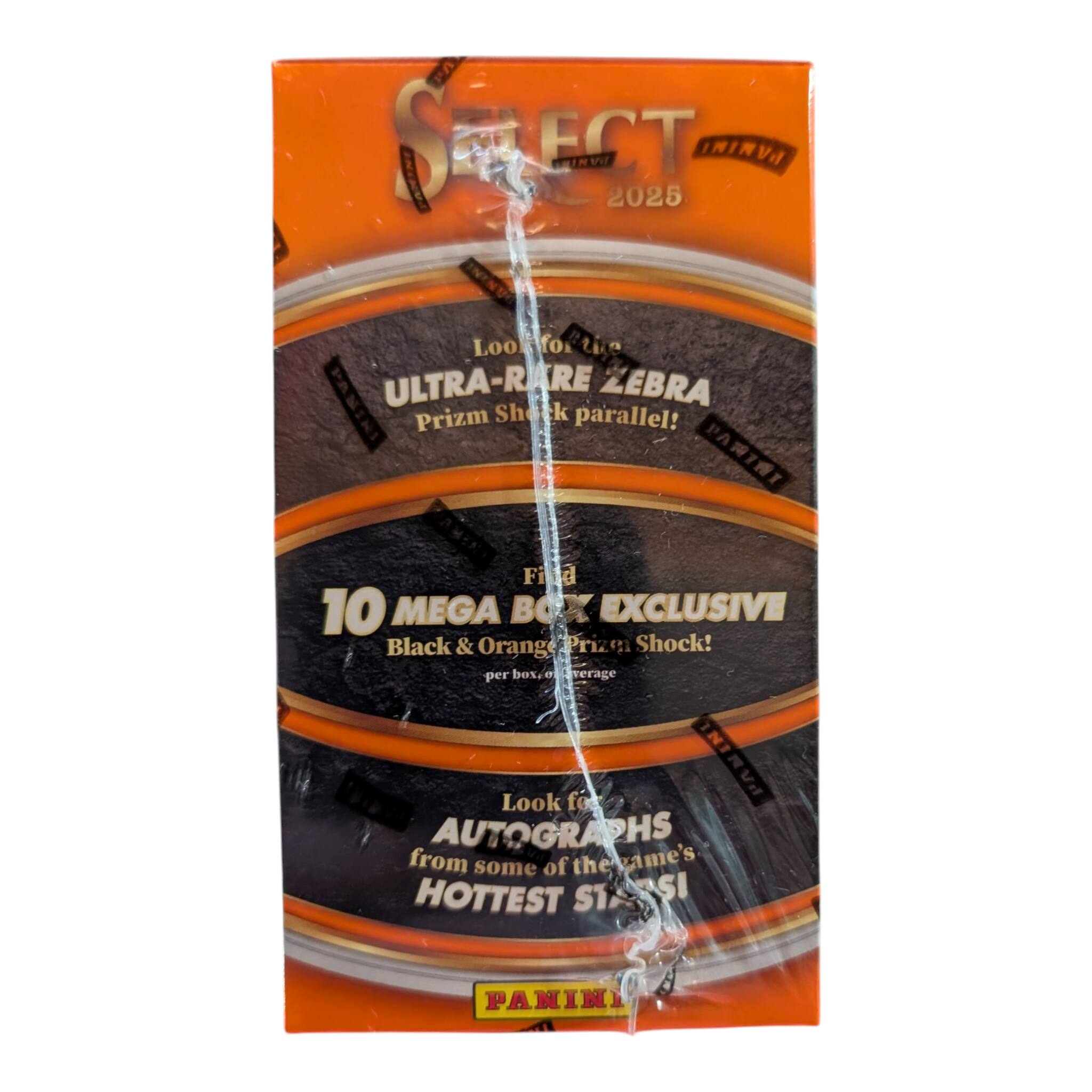 Sure, here is the corrected and grouped text from the image:

---

**SECT 2025**

- Look for the ULTRA-RARE ZEBRA Prizm Sheet parallel!
- 10 MEGA BOX EXCLUSIVE Black & Orange Prizm Shock! per box.
- Look for AUTOGRAPHS from some of the game's HOTTEST STARS!

---

**PANINI**