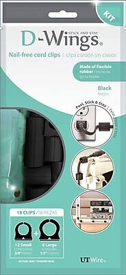 D-Wings
Stick and Stay
Nail-free cord clips | Clips cordón sin clavos
Made of flexible rubber | Hecho de goma flexible
Black | Negro
Peel Stick & Stay | Pega, Stick & Stay
18 CLIPS / 18 PIEZAS
12 Small | 6 Large
3/8" | 1/2"
UT Wire