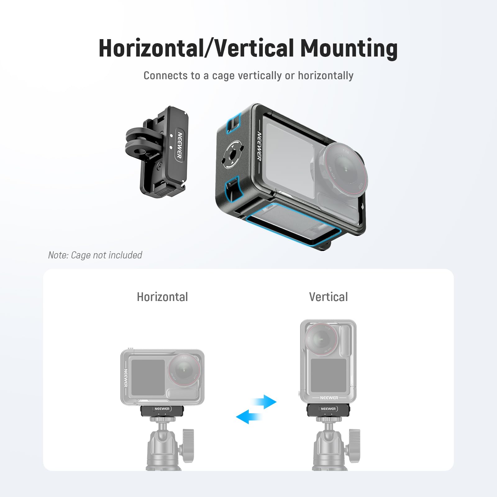Horizontal/Vertical Mounting  
Connects to a cage vertically or horizontally  

Note: Cage not included  

Horizontal  
Vertical