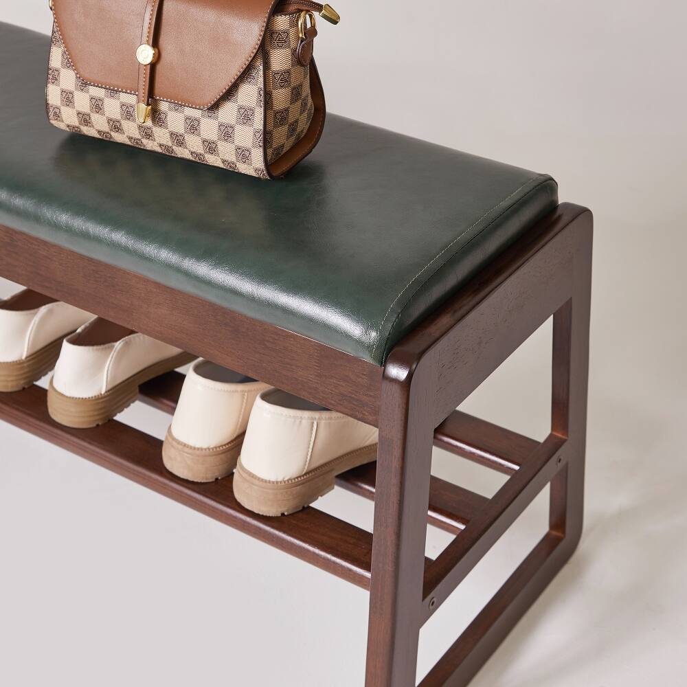Alt View 8. Loheer - Loheer Wood Shoe Storage Bench with Vegan Leather Seat, 39.37 Inch Sturdy Shoe Rack Bench - Green and Brown.