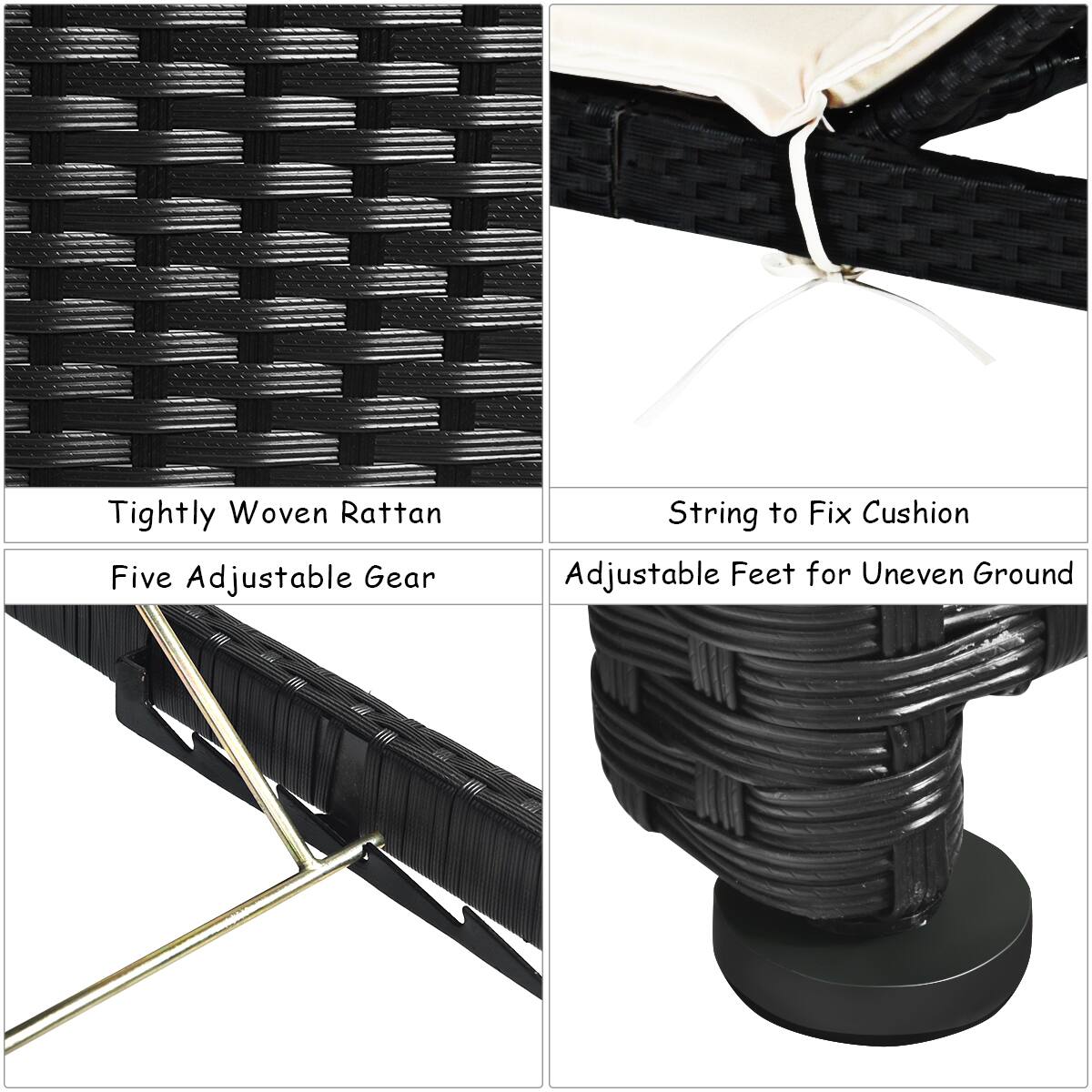 Tightly Woven Rattan, String to Fix Cushion, Five Adjustable Gear, Adjustable Feet for Uneven Ground