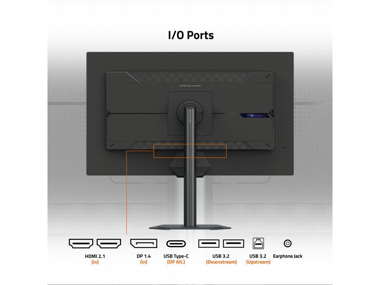 I/O Ports

- HDMI 2.1 (in)
- DP 1.4 (in)
- USB Type-C (DP Alt.)
- USB 3.2 (Downstream)
- USB 3.2 (Upstream)
- Earphone Jack