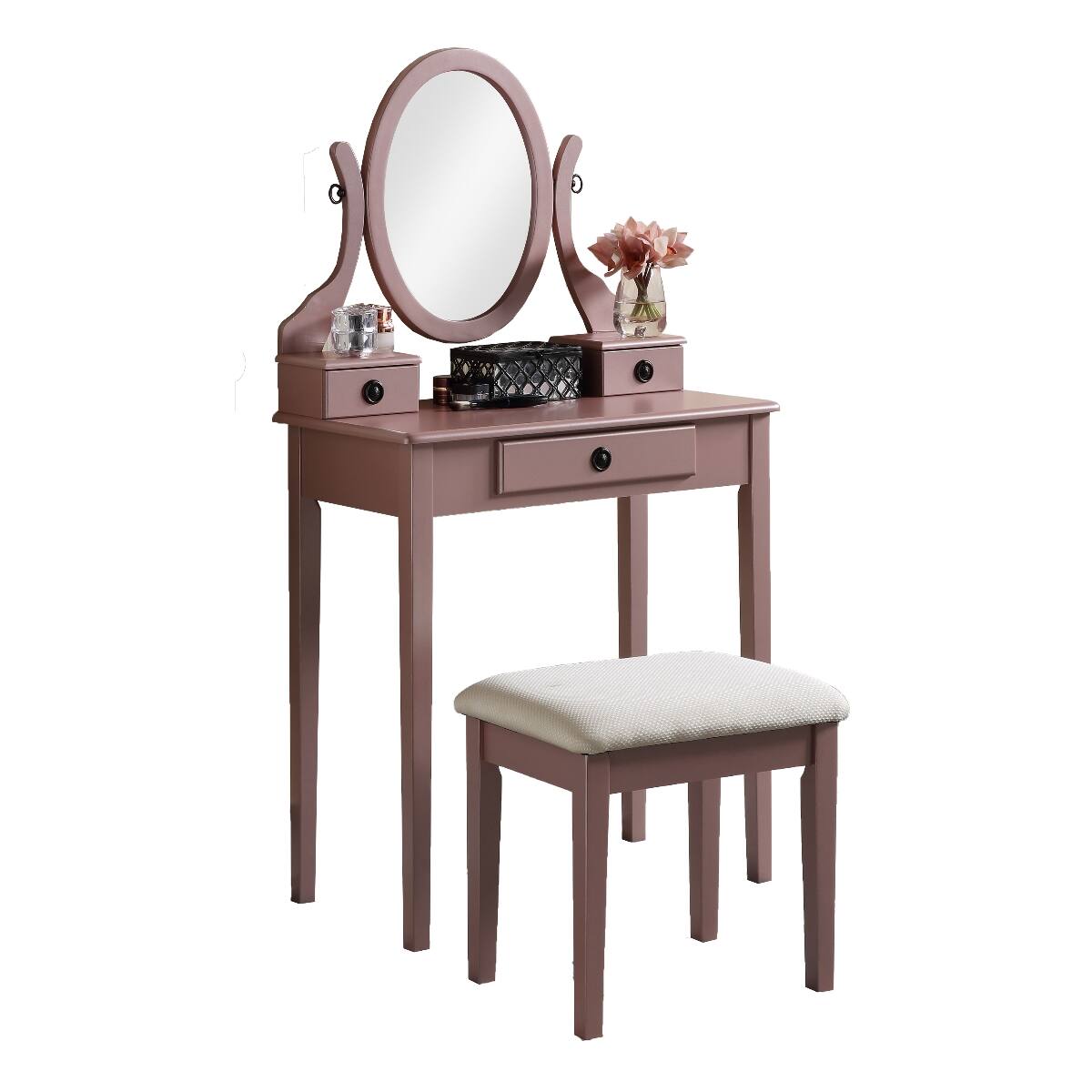 Loheer Wood Makeup Vanity Table with Stool, Adjustable Oval Mirror, 3 ...