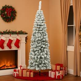 BreeBe - 6FT Unlit Snow Flocked Pencil Tree – Hinged Artificial Holiday Décor - Green
