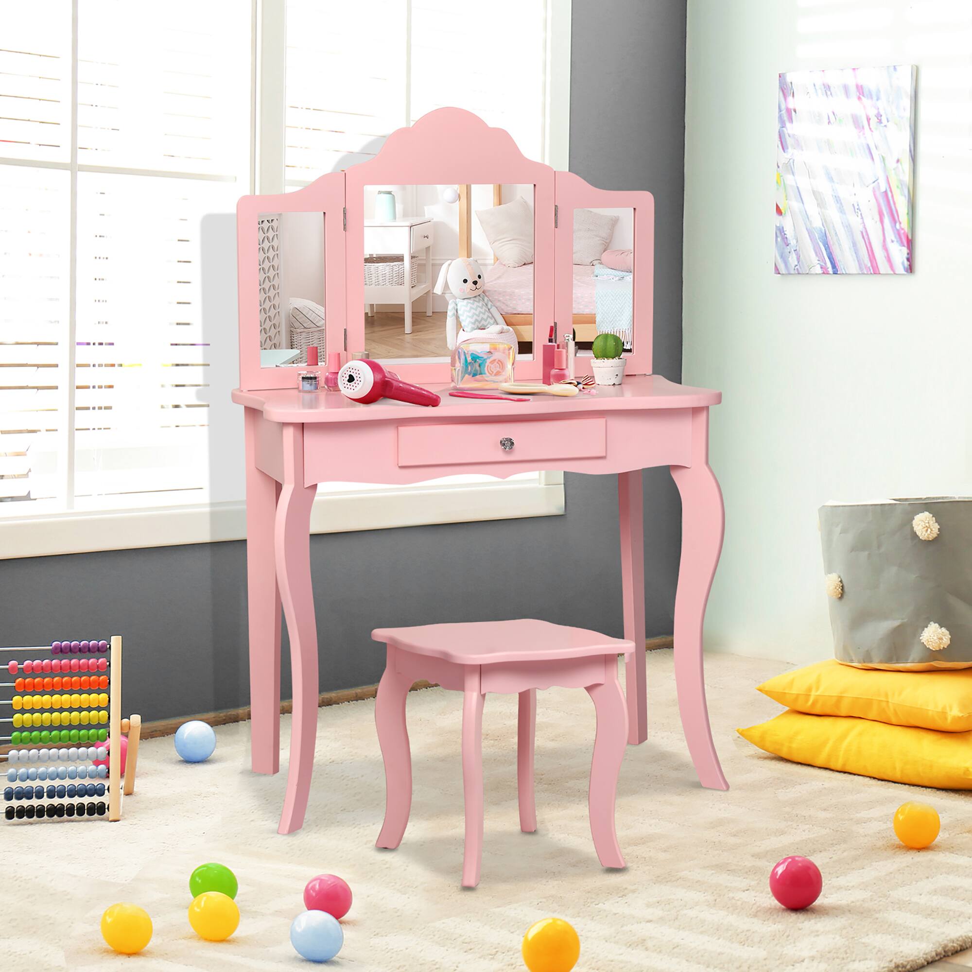 Alt View 1. Costway - Costway Kids Vanity Table & Stool Princess Dressing Make Up Play Set for Girls - Pink.
