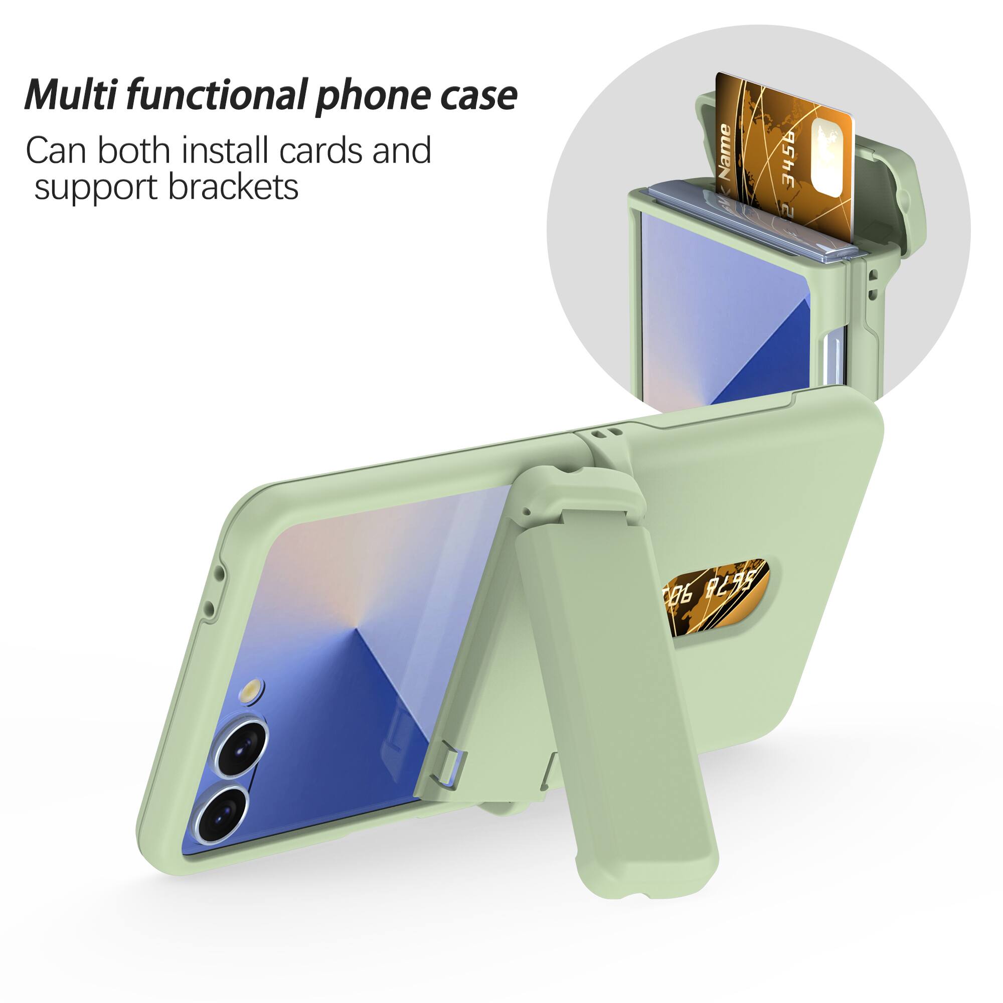 Multi functional phone case  
Can both install cards and support brackets