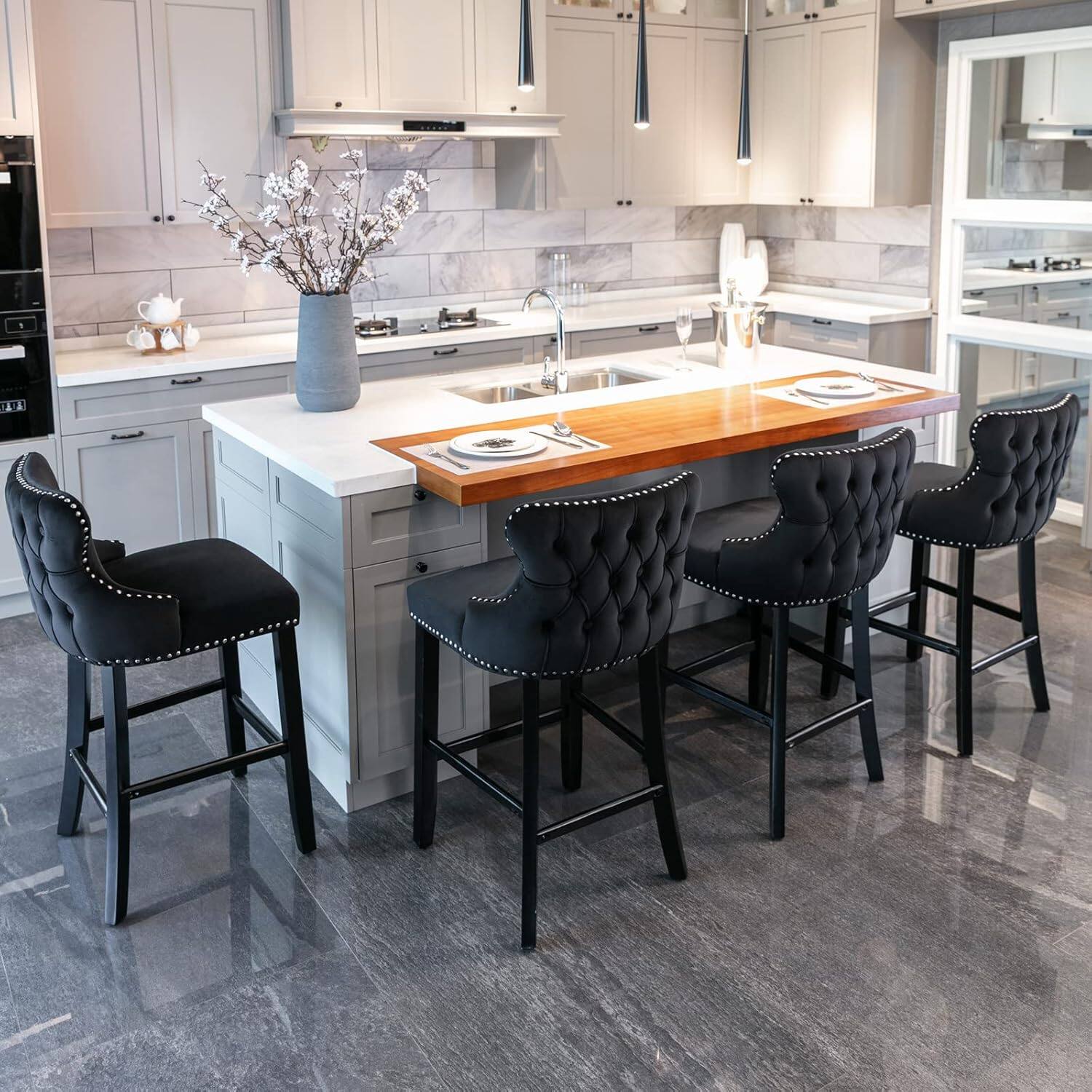 Alt View 6. Trinkets Crazed - Contemporary Velvet Upholstered Wing-Back Barstools with Button Tufted Decoration and Wooden Legs - black.