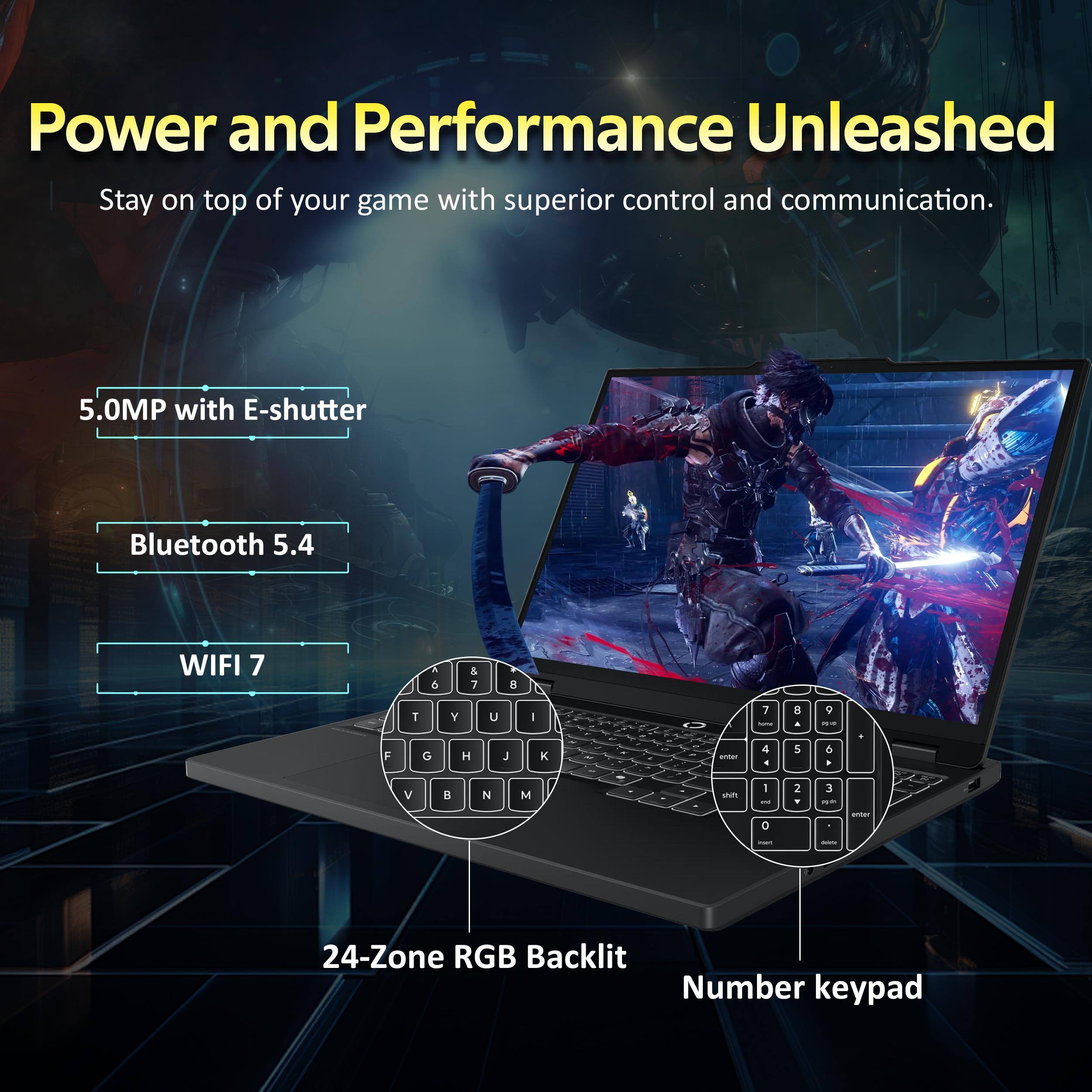 Power and Performance Unleashed  
Stay on top of your game with superior control and communication.

- 5.0MP with E-shutter
- Bluetooth 5.4
- WIFI 7
- 24-Zone RGB Backlit
- Number keypad
