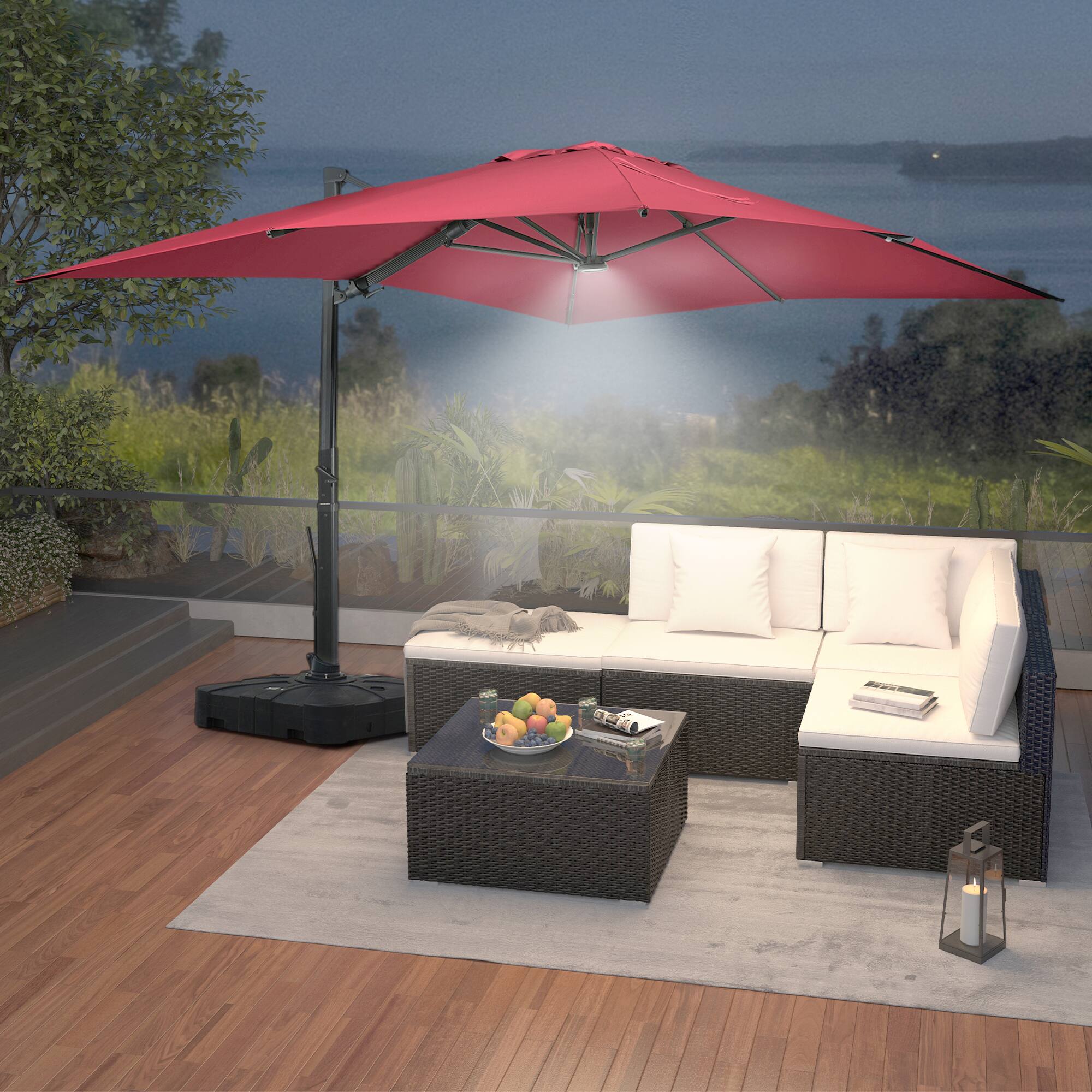 Left. Mondawe - 10x13ft Patio Cantilever Umbrella Square Large Offset Sun Umbrella with LED Light Panel - Red.
