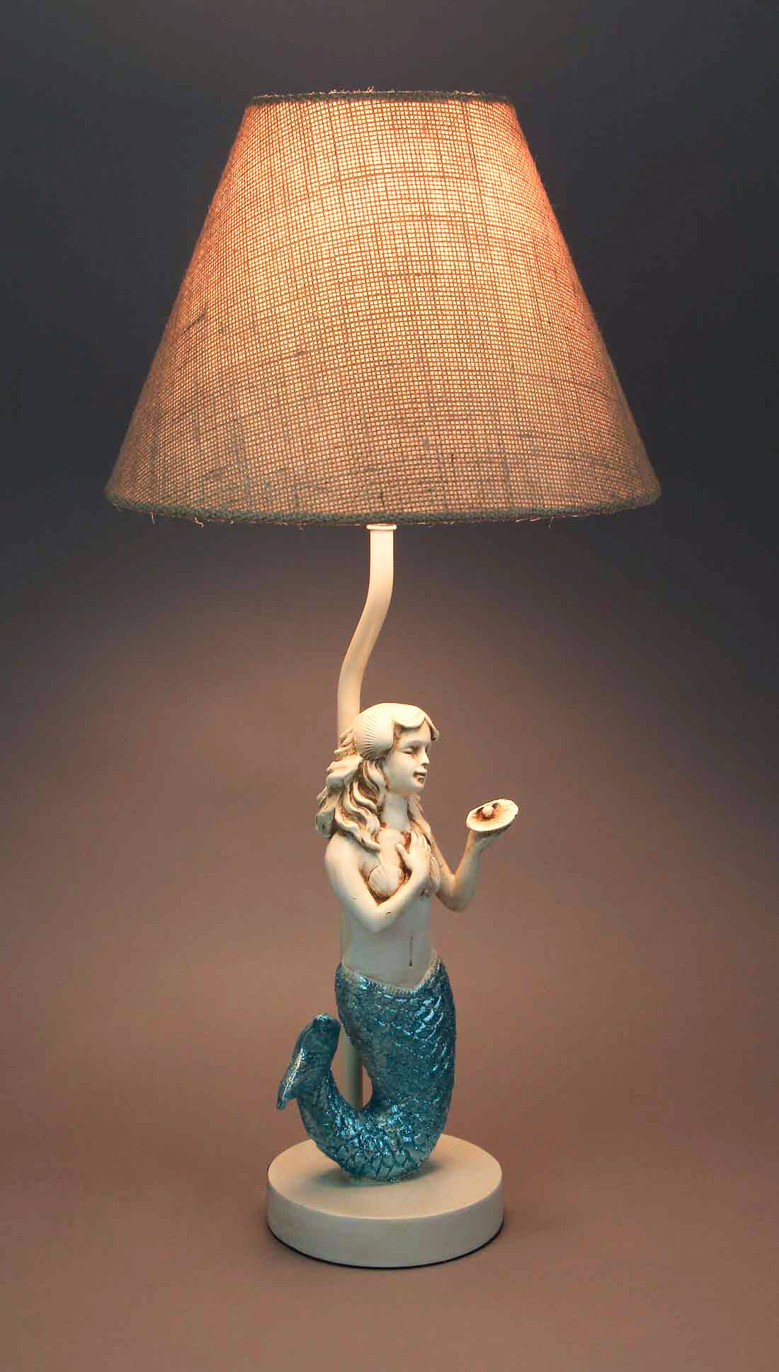 Alt View 3. Zeckos - Set of 2 Blue Glitter Tail Mermaid Table Lamps Coastal Beach Decor Burlap Shades - Beige.