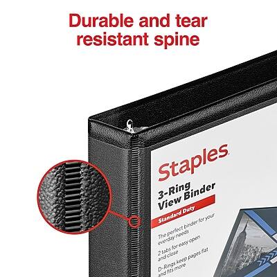 Durable and tear resistant spine

Staples
3-Ring View Binder
Standard Duty

1. Perfect binder for your everyday needs
2. Tabs for easy open
3. D-Rings keep pages flat and close
4. D-Rings fit more pages