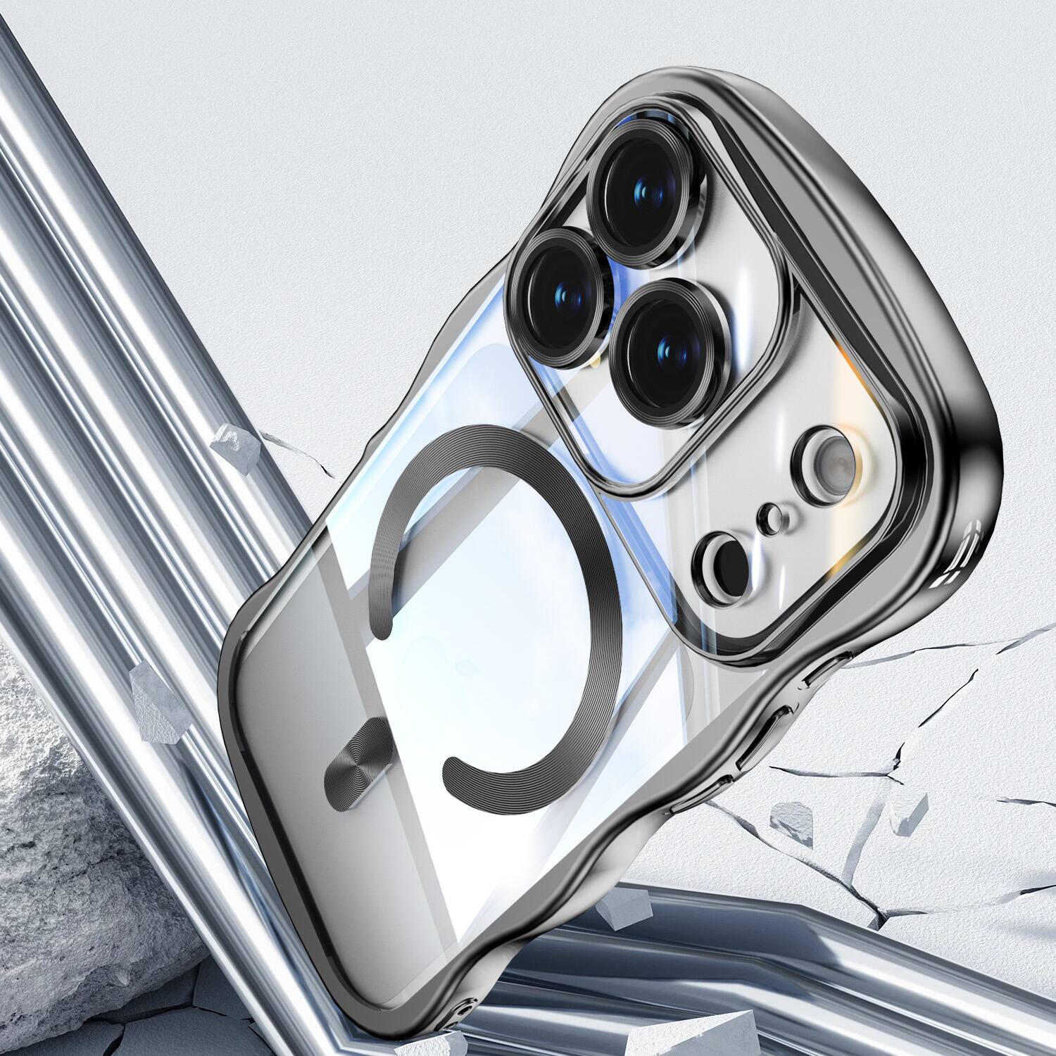 Back. Dteck - Magnetic Case For iPhone 17 Pro With Built-in Lens Protector Shockproof Plating Curly Wavy Frame Clear Back Cover - Black.