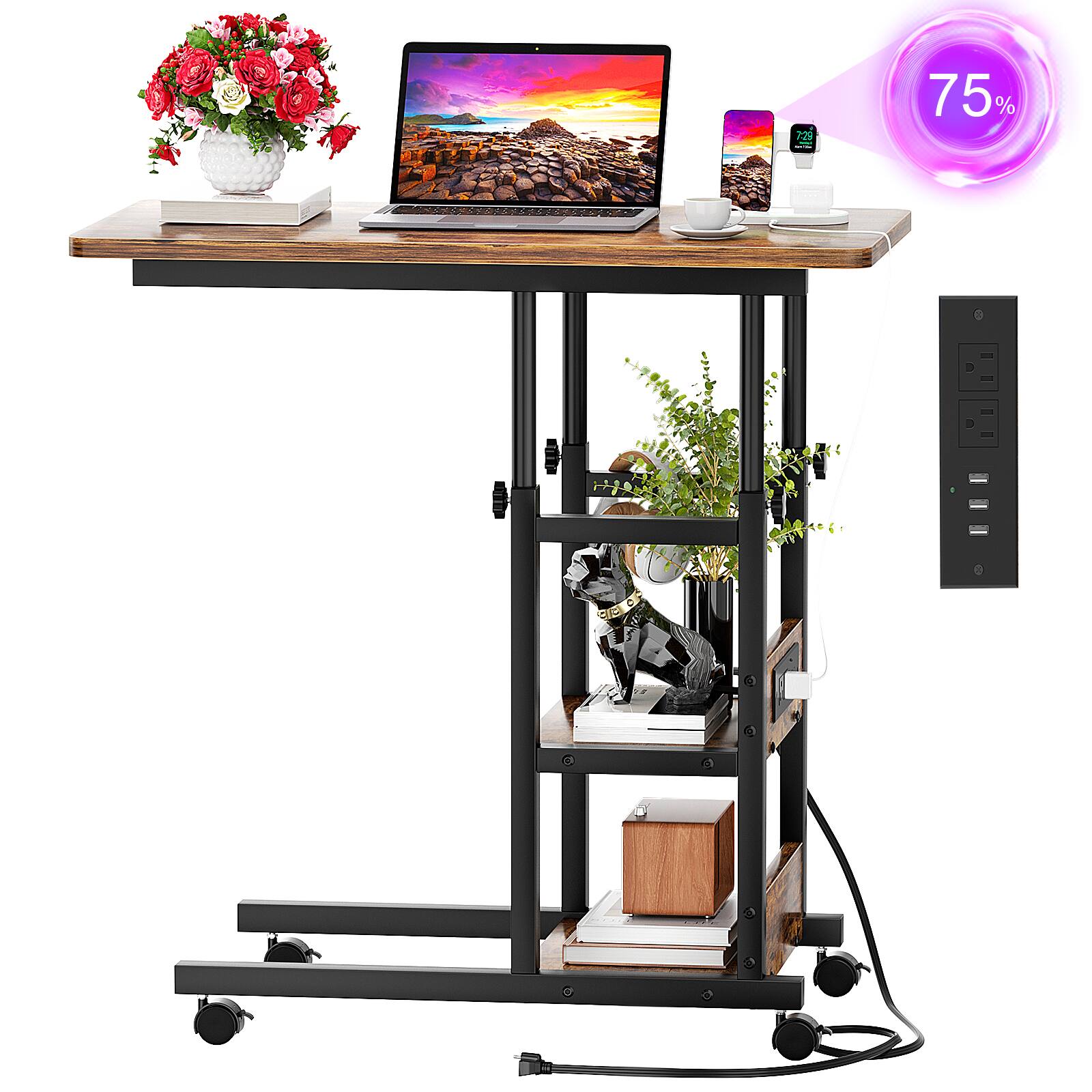 Alt View 2. Aheaplus - C-Shaped Height Adjustable End Table with Power Outlet, Side Table with Storage Shelves - Brown.