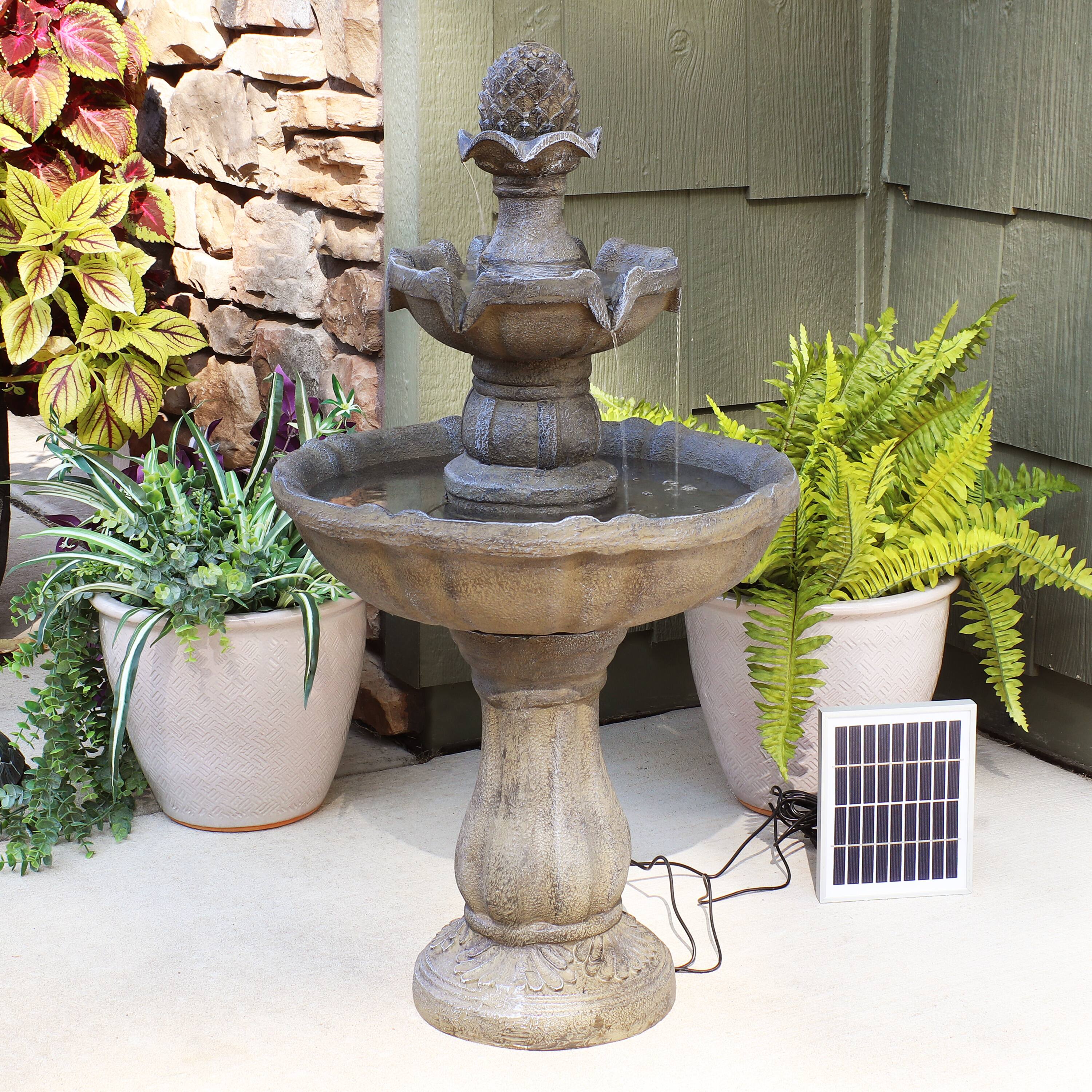 Alt View 4. Sunnydaze - Pineapple Polyresin Outdoor 2-Tier Solar Fountain with Battery - Brown.