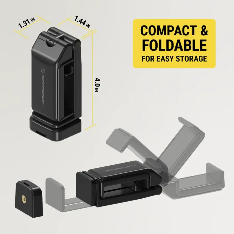 The text on the image reads: "In 1.31m Scosche 1.44in Compact & Foldable for Easy Storage."