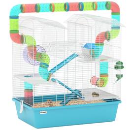 Pawhut - 4 Tier Hamster Cage, Large Twin Tower Design Cage with Exercise Wheel, Tubes, Hut, Ramps, Food Dish, Water Bottle