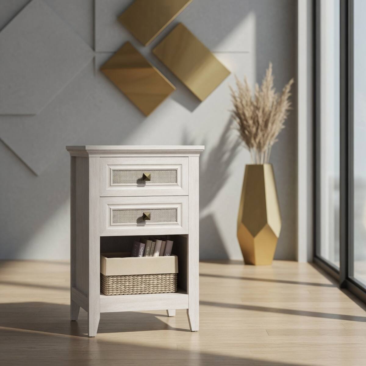 Alt View 9. Loheer - Loheer White Rattan Nightstand with Two Drawers and Open Shelf, Boho Bedside Table - White.