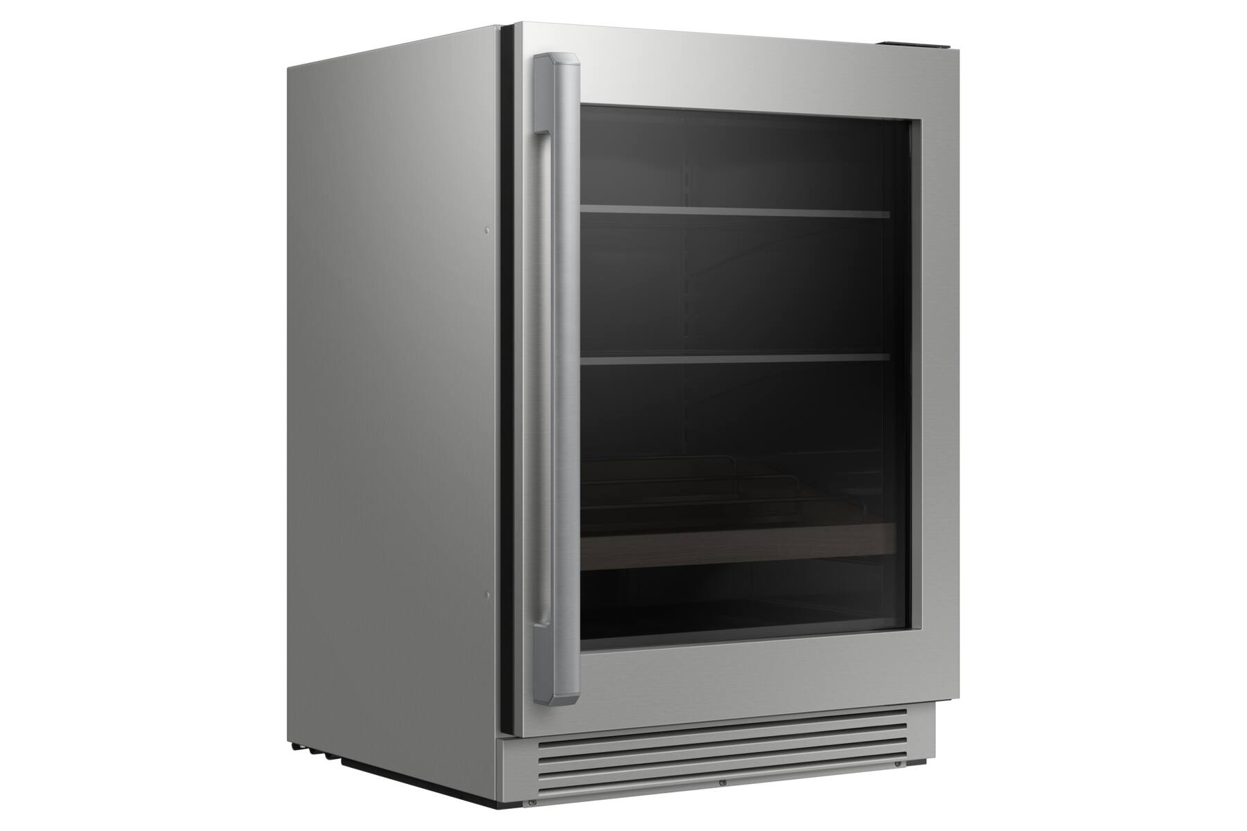 Left. Dacor - 5.0 Cu. Ft. Built-In 24-Inch Undercounter Beverage Refrigerator with Presenter Shelf and LED 3D Lighting - Custom Panel Ready.