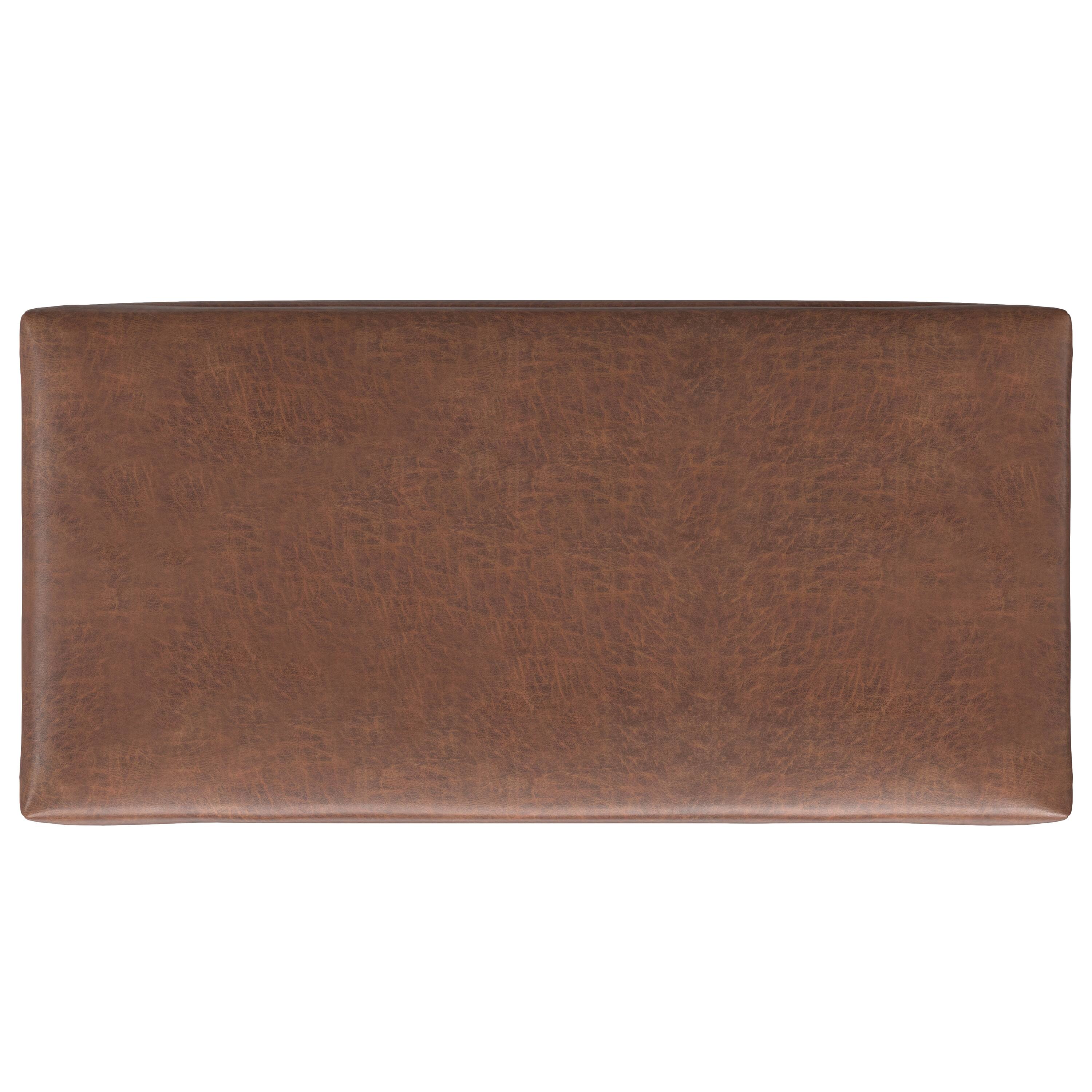 Alt View 1. Simpli Home - Rebecca 48 inch Mid Century Modern Storage Ottoman with Lift up Lid in Distressed Saddle Brown Faux Leather, Assembled - Distressed Saddle Brown.