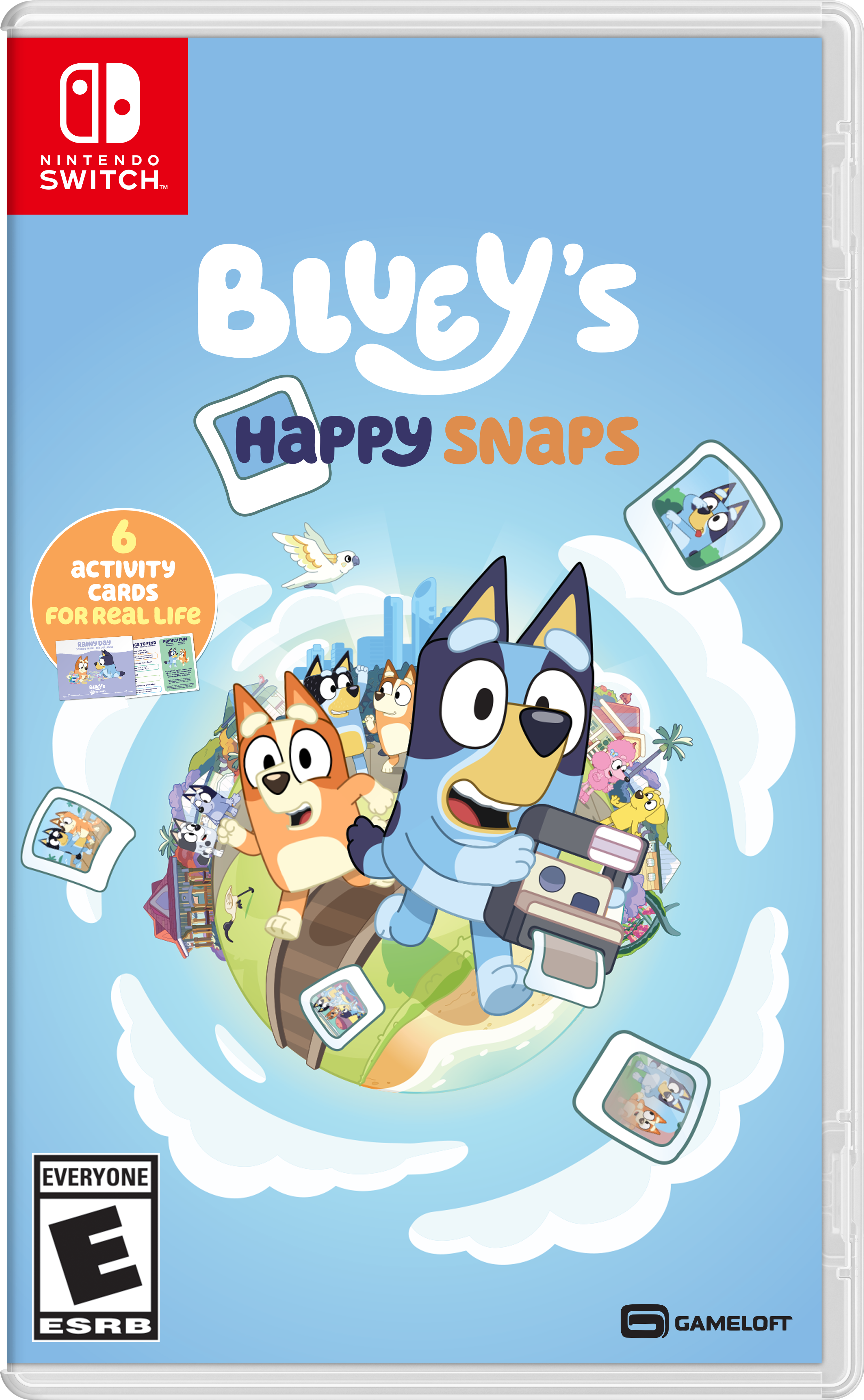 NINTENDO SWITCH. BLUEY'S HAPPY SNAPS 6 ACTIVITY CARDS FOR REAL LIFE RAI SA T - ! : - BS - E EVERYONE E ESRB GAMELOFT