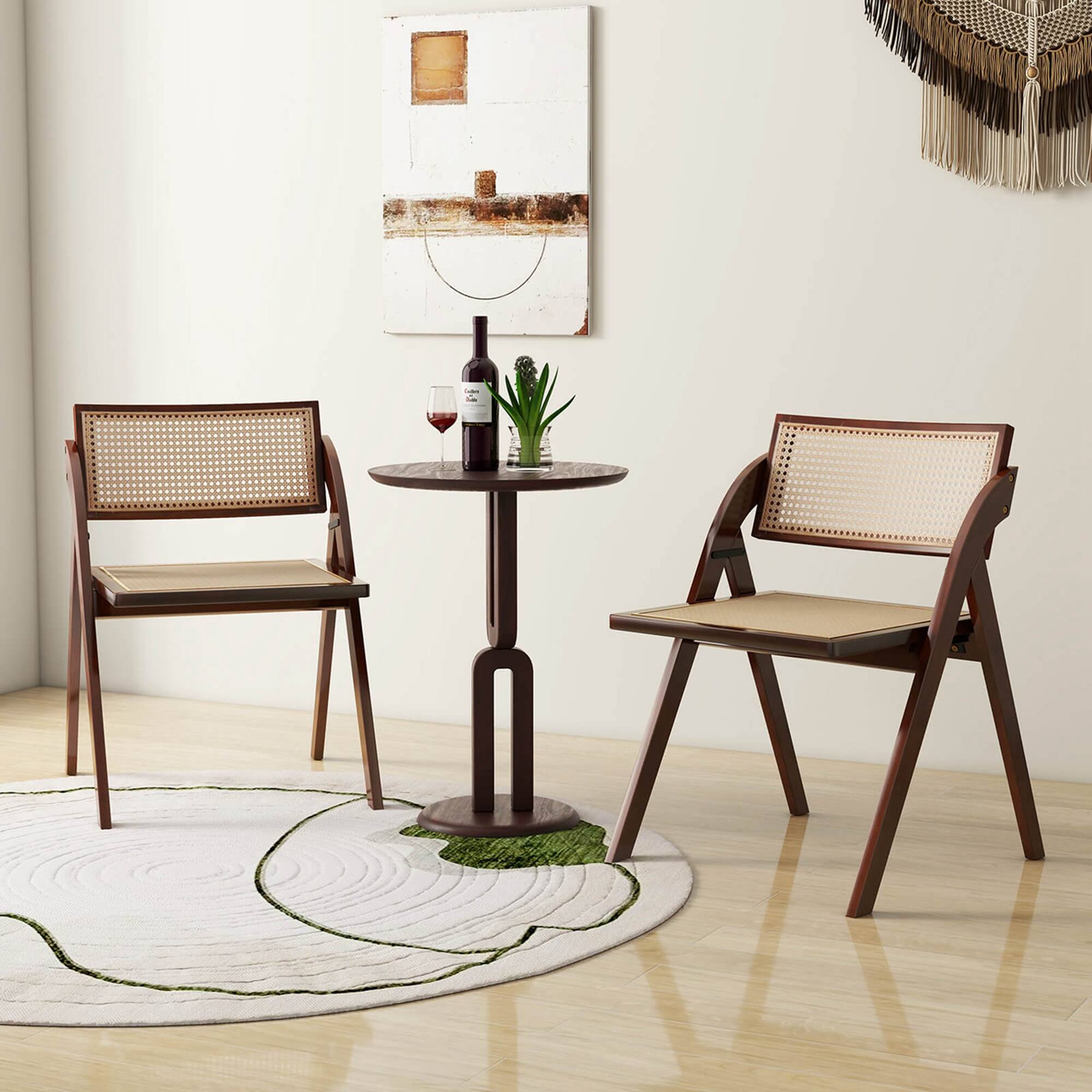 Alt View 1. Costway - Costway Foldable Dining Chairs Set of 2 with Woven Rattan Backrest & Seat Rubber Wood Frame - Brown.