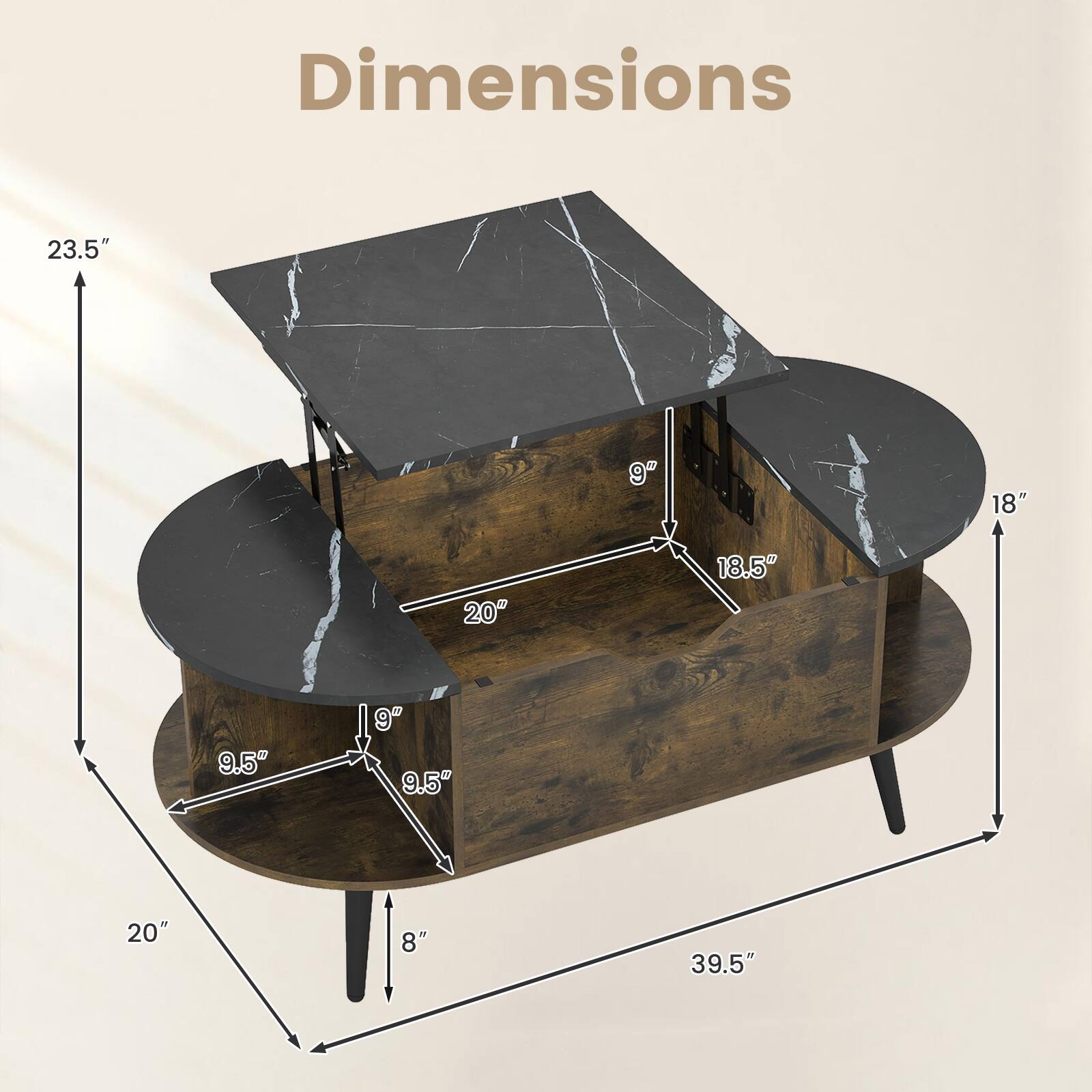 Dimensions: 23.5" x 9" x 18" x 20" x 18.5" x 9.5" x 9" x 9.5" x 20" x 8" x 39.5"