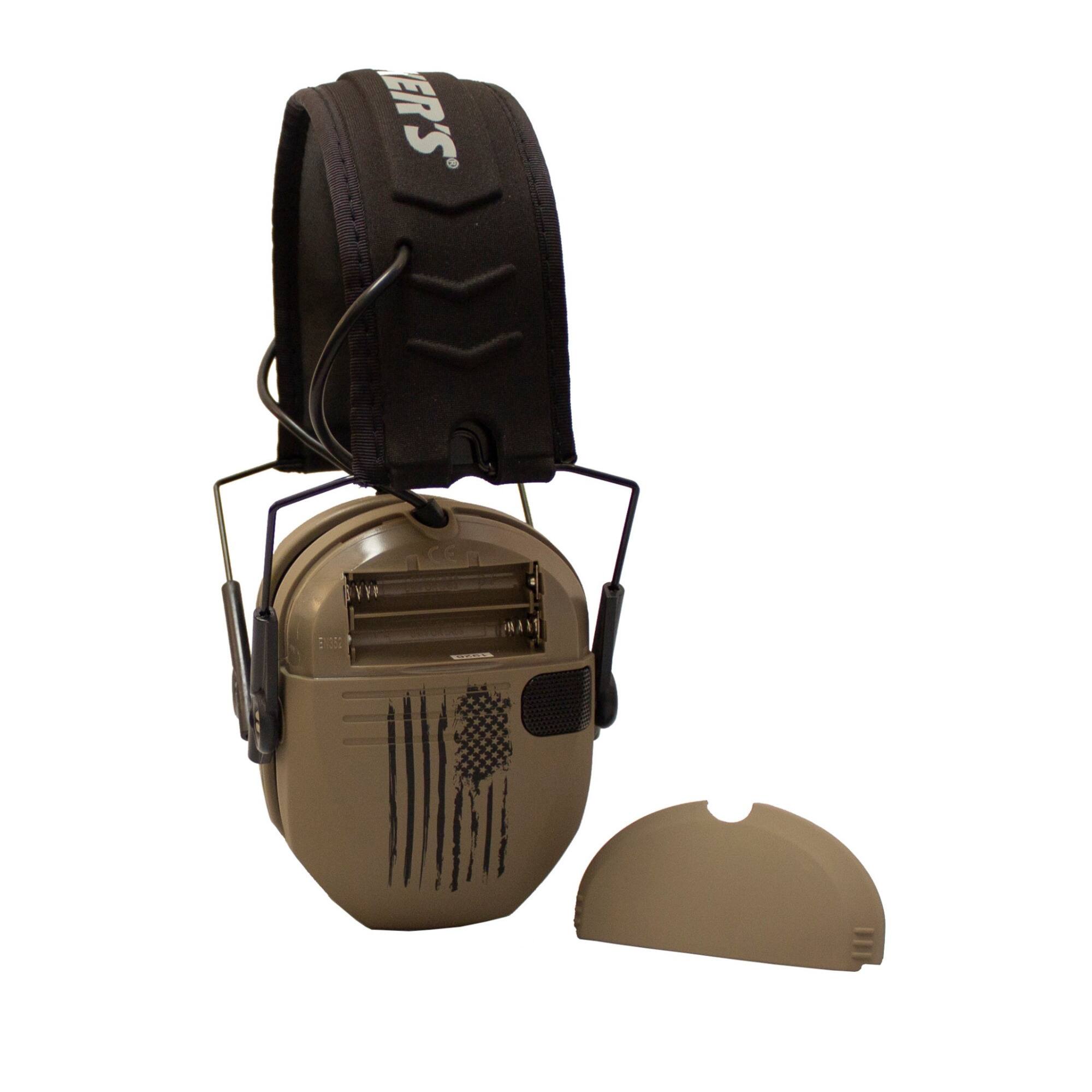 Left. Walkers - Walker’s Razor Shooting Muffs (Distressed Flag) 4-Pack - Tan.