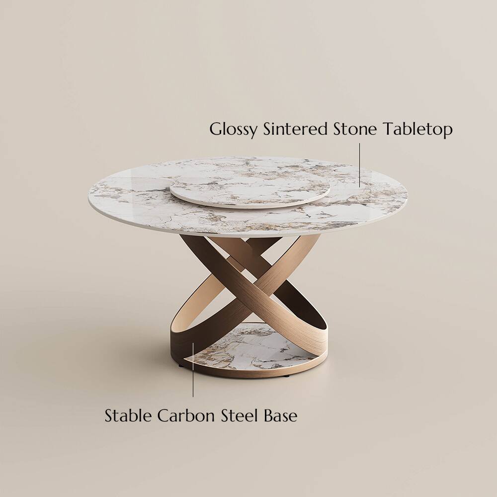 Glossy Sintered Stone Tabletop  
Stable Carbon Steel Base