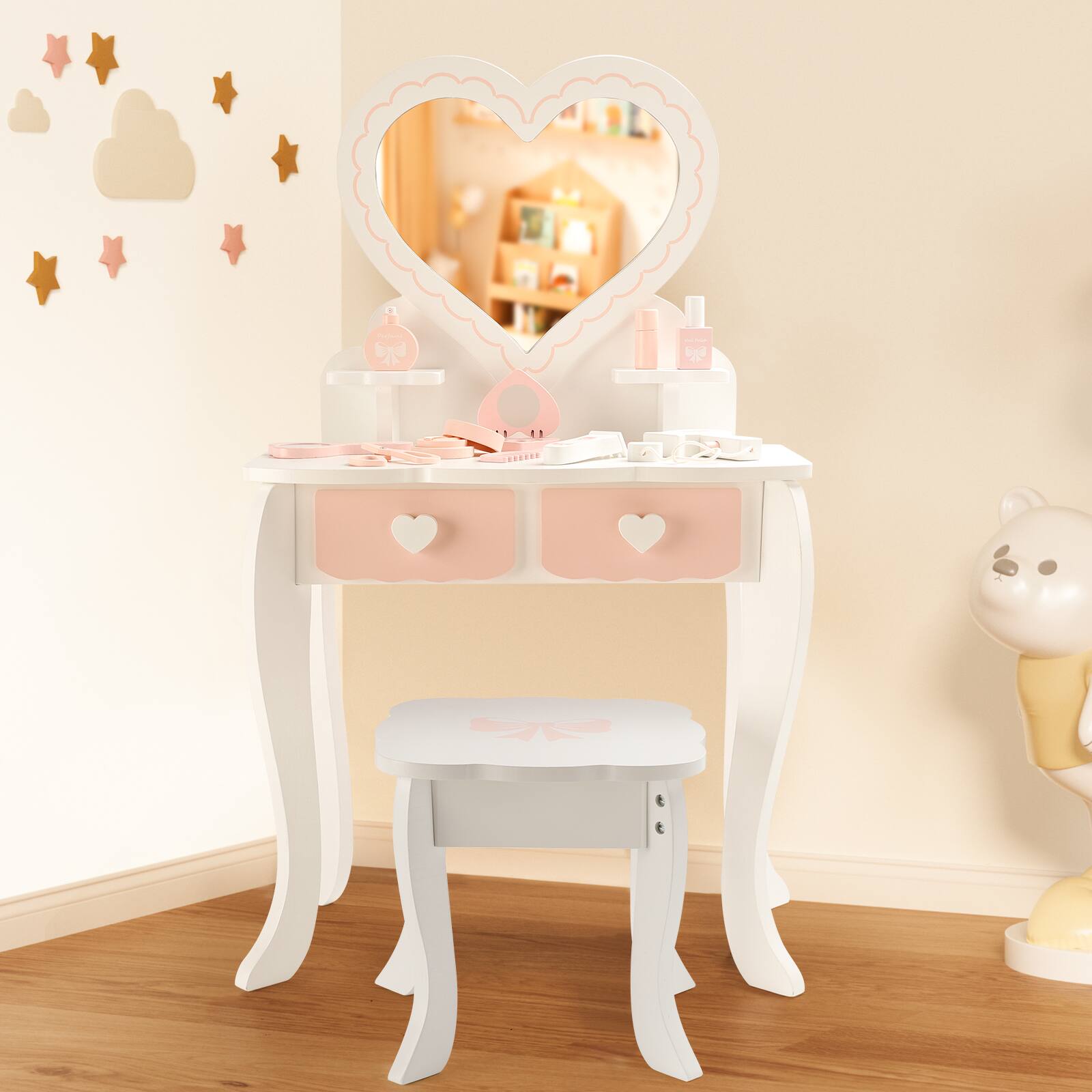 Back. Topteng - Kids Vanity Table Set with Stool & Mirror - 2 Drawers, Rounded Edges, for Girls Ages 3-8, Makeup Play & Storage - Pink.