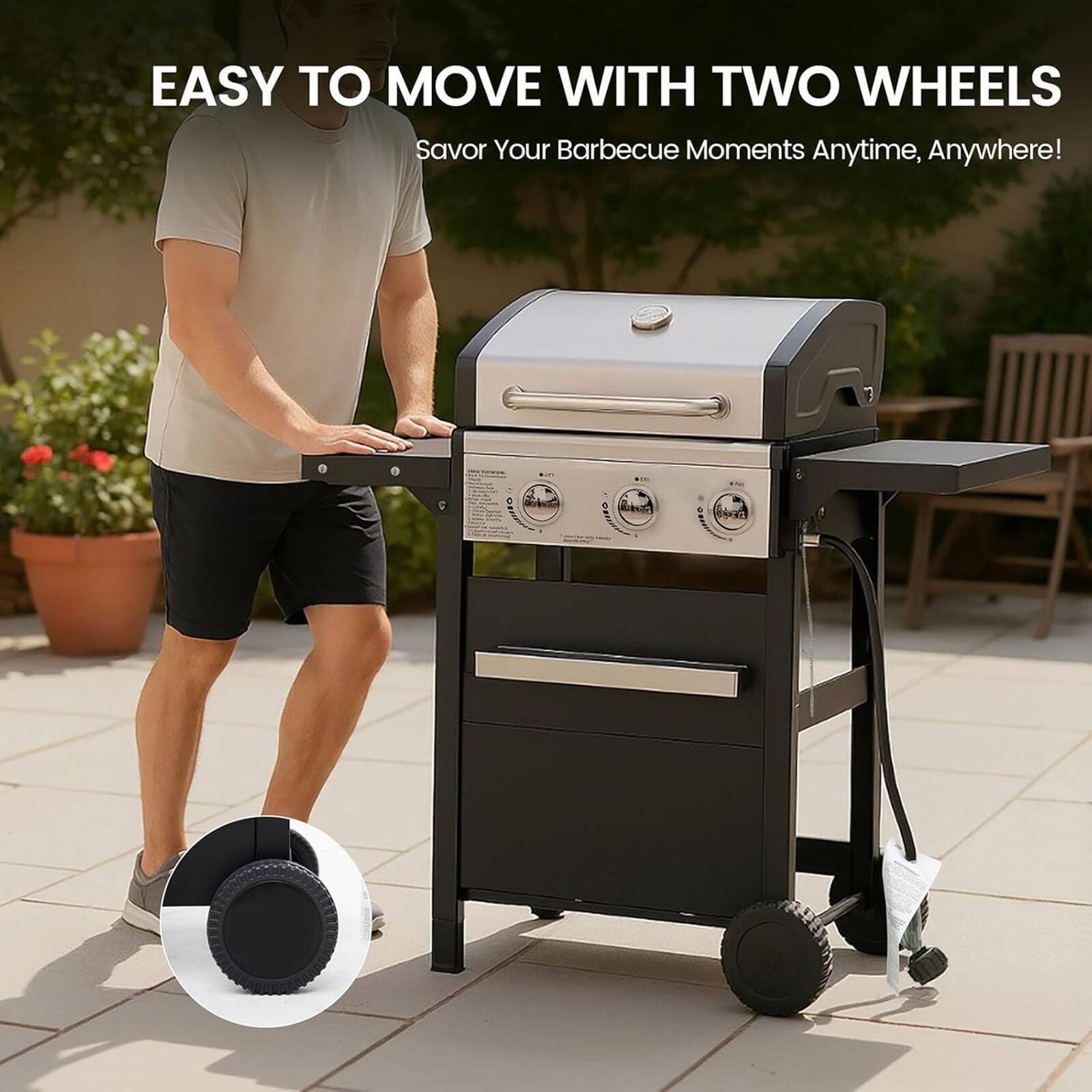 EASY TO MOVE WITH TWO WHEELS  
Savor Your Barbecue Moments Anytime, Anywhere!