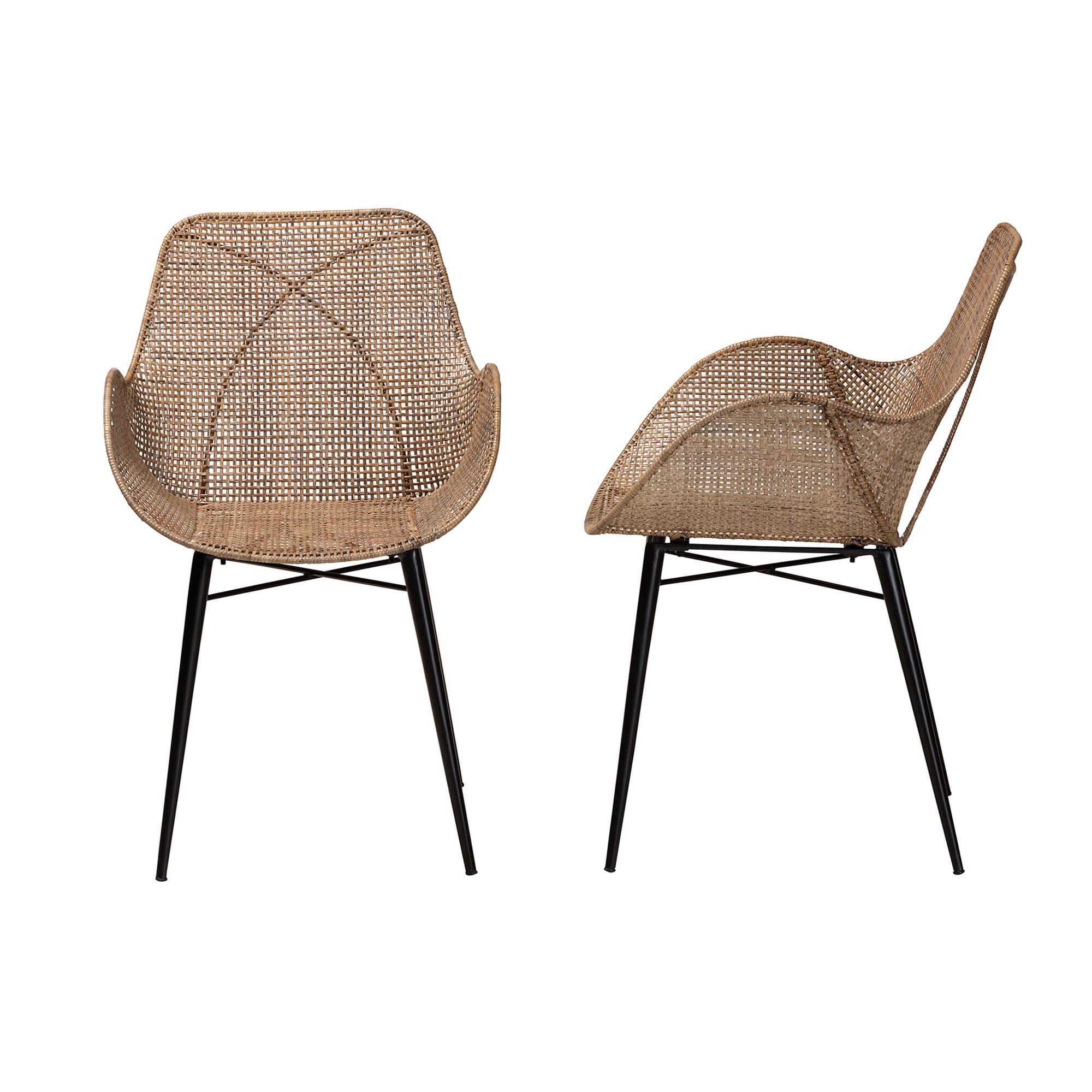 Left. bali & pari - Ballerina Modern Bohemian Rattan and Metal 2-Piece Dining Chair Set - Greywash/Black.
