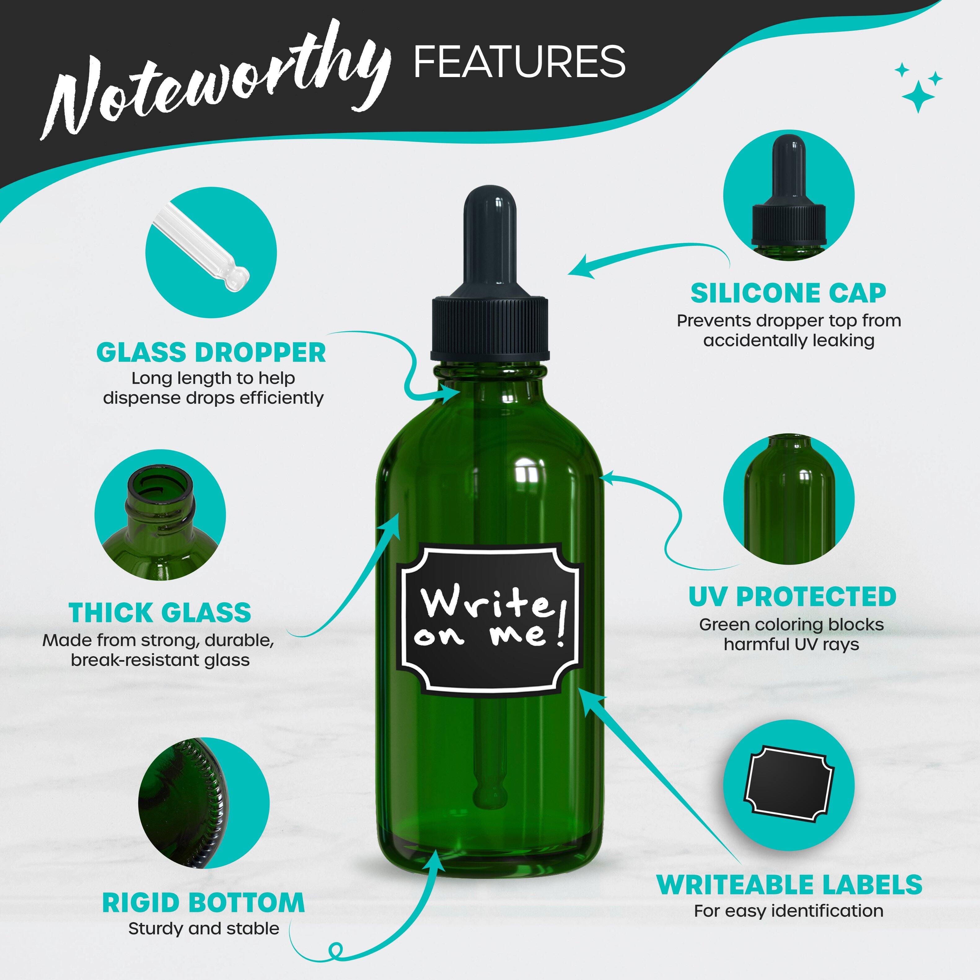 FEATURES

- Noteworthy
- GLASS DROPPER: Long length to help dispense drops efficiently
- SILICONE CAP: Prevents dropper top from accidentally leaking
- THICK GLASS: Made from strong, durable, break-resistant glass
- UV PROTECTED: Green coloring blocks harmful UV rays
- RIGID BOTTOM: Sturdy and stable
- WRITEABLE LABELS: For easy identification