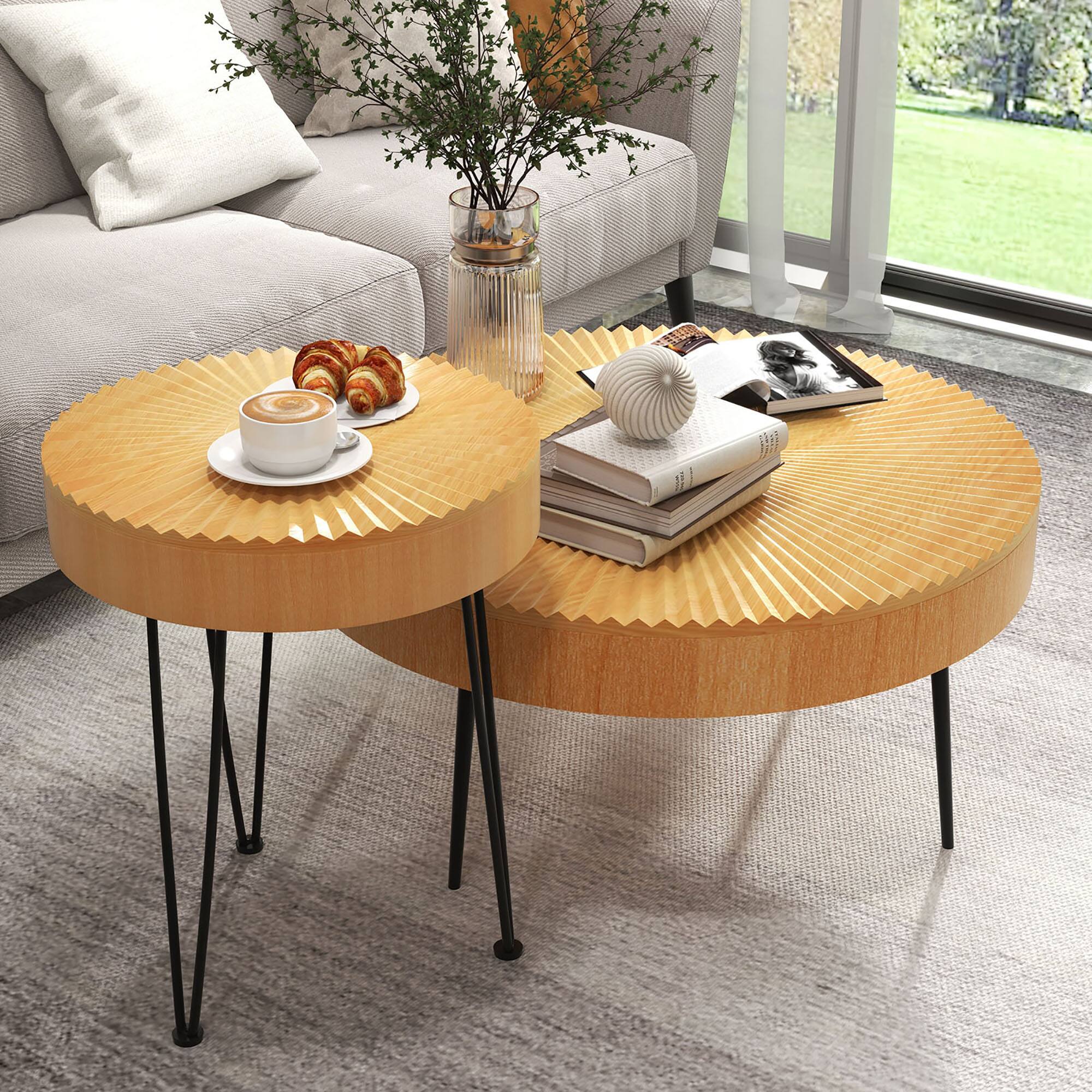 Alt View 11. Costway - Farmhouse Round Coffee Table Set of 2 End Table Natural Finish for Living Room - Natural.