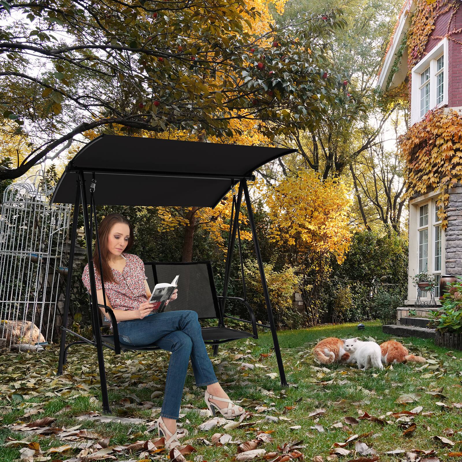 Alt View 3. Costway - Costway 2-Seat Patio Swing Porch Swing with Adjustable Canopy for Garden - Black.