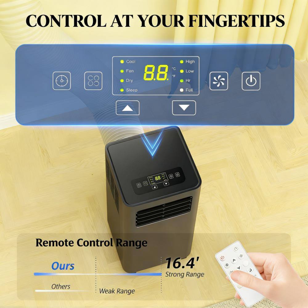 CONTROL AT YOUR FINGERTIPS

Cool "C" Fon 8.8 "F" Dry Sleep High Low Hr Full

Remote Control Range
Ours: 16.4' Strong Range
Others: Weak Range