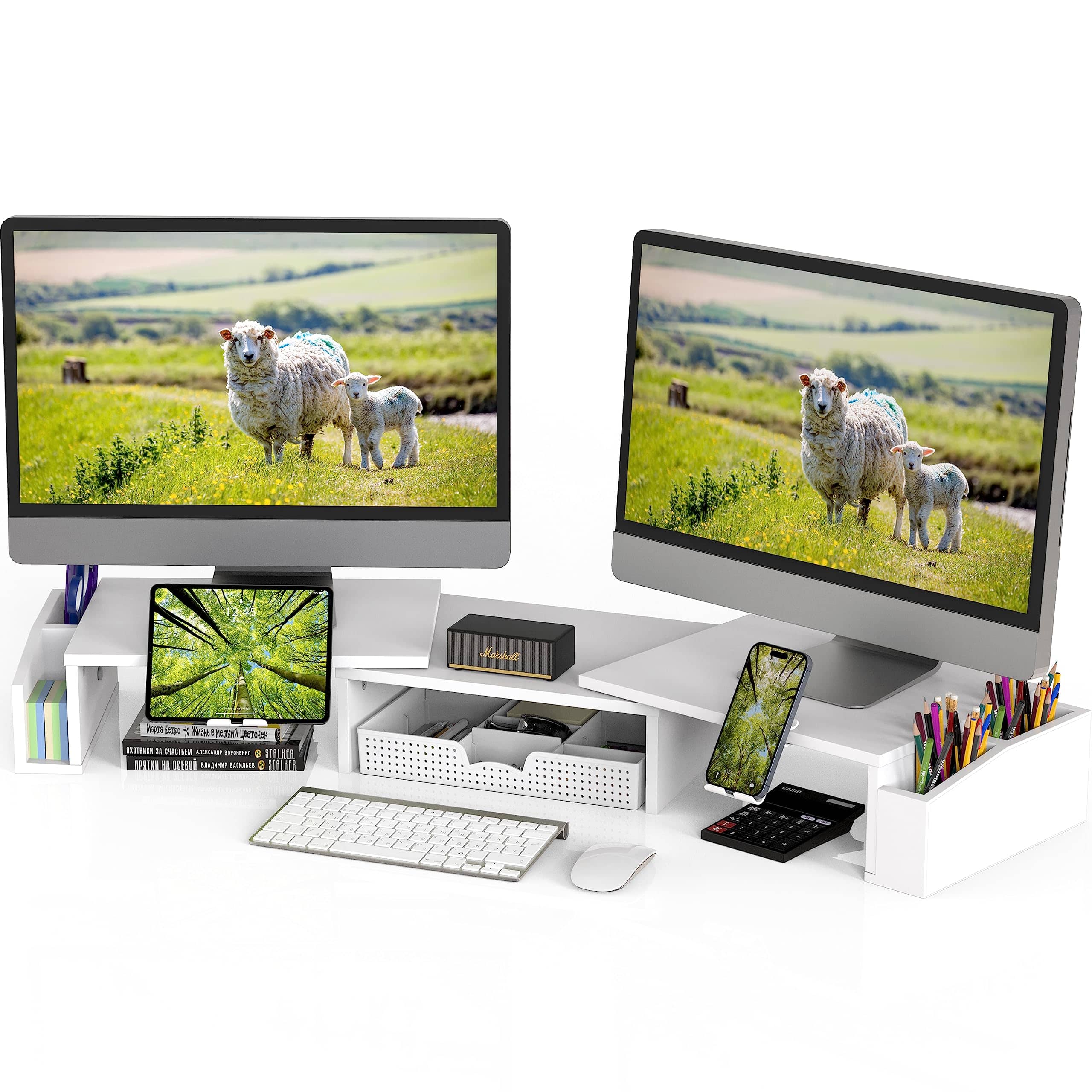 ThinkLink Electronic - Desk Dual Monitor Stand Riser Drawer Rustic High Quality Premium Durable Modern Adjustable - White